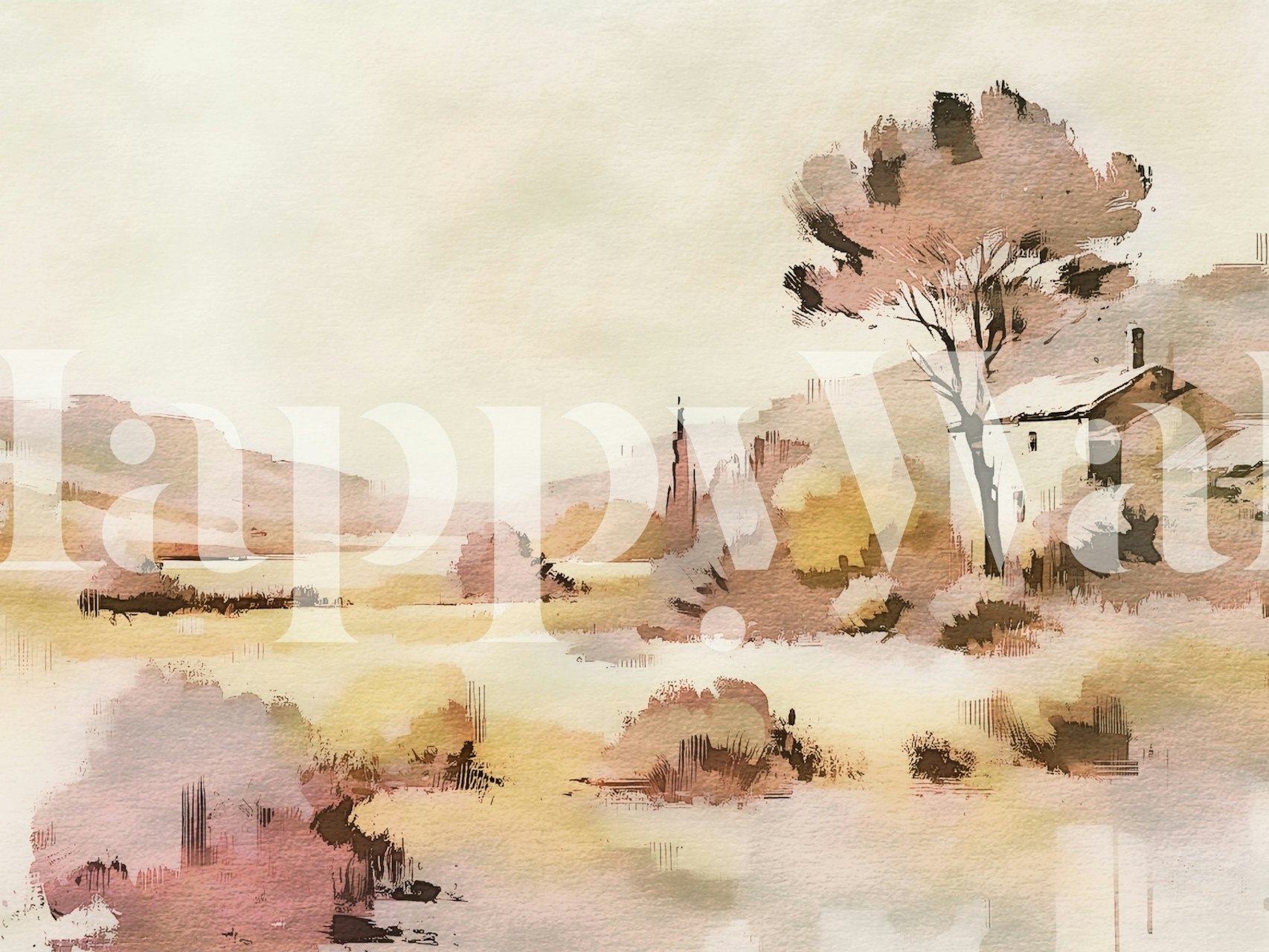 Watercolor rustic countryside scene with pastel colors wallpaper
