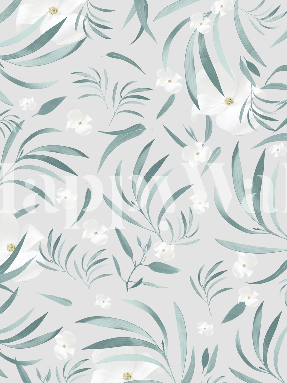 Eucalyptus leaves and white flowers pattern wallpaper