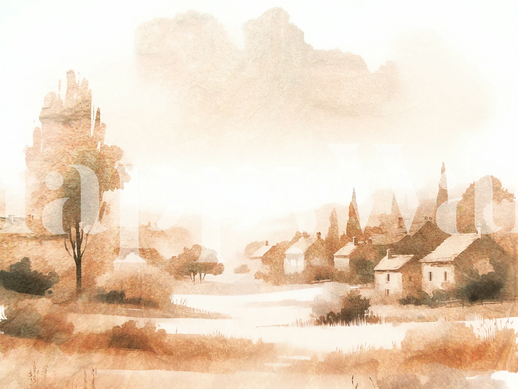 Rustic countryside landscape illustration in soft earth tones wallpaper