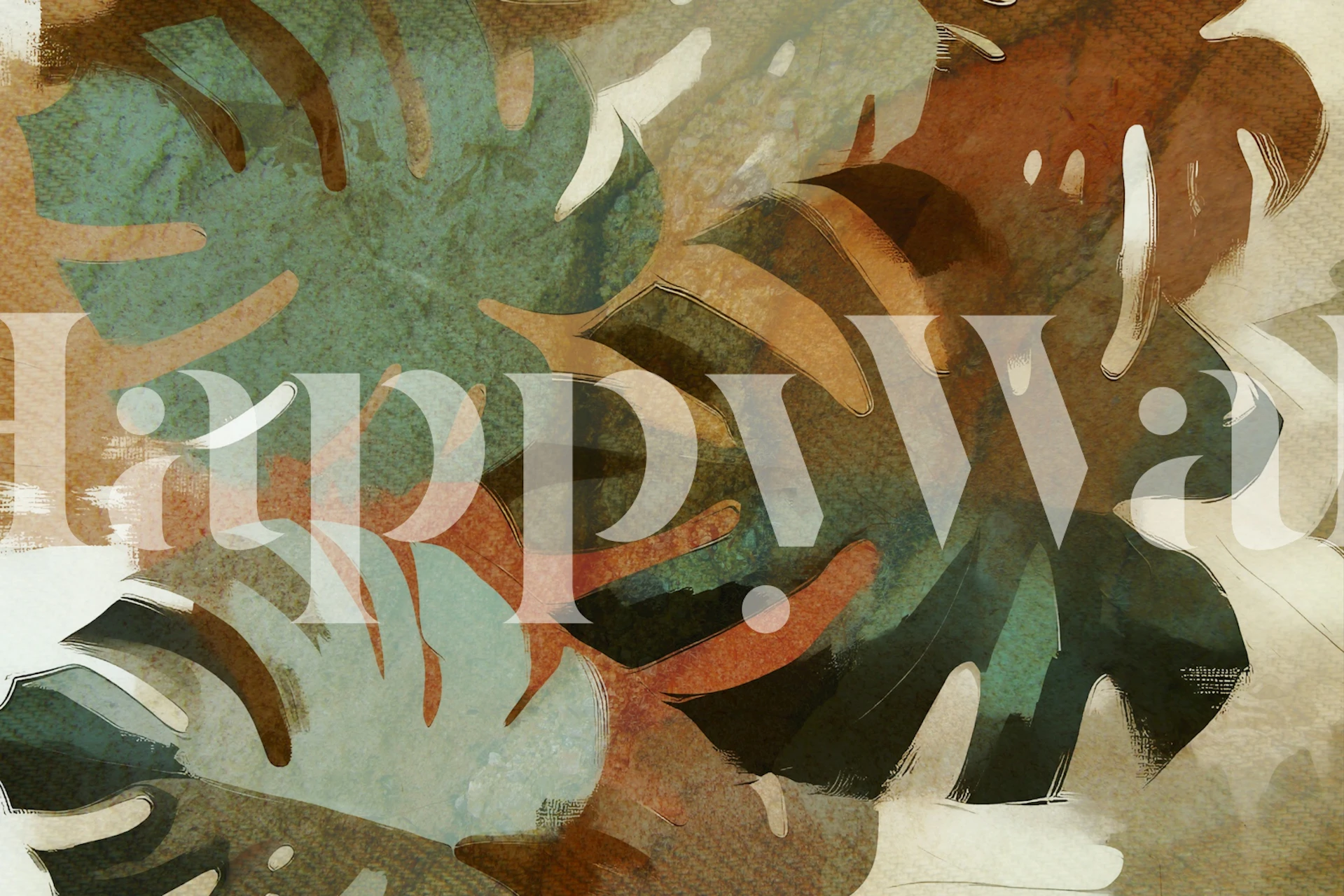 Tropical Monstera leaves in greens and browns on wallpaper