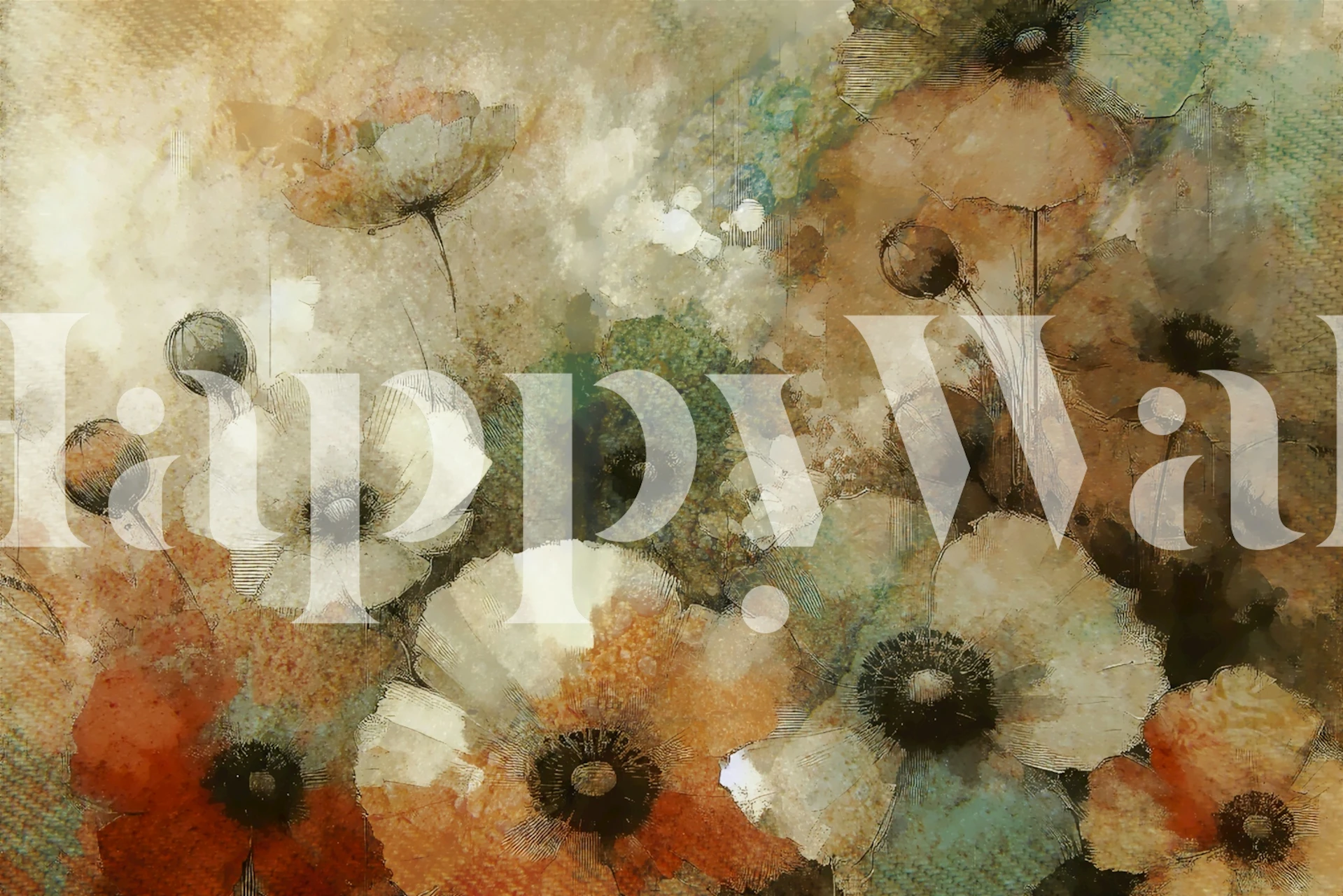 Vintage floral wallpaper with delicate white and orange flowers