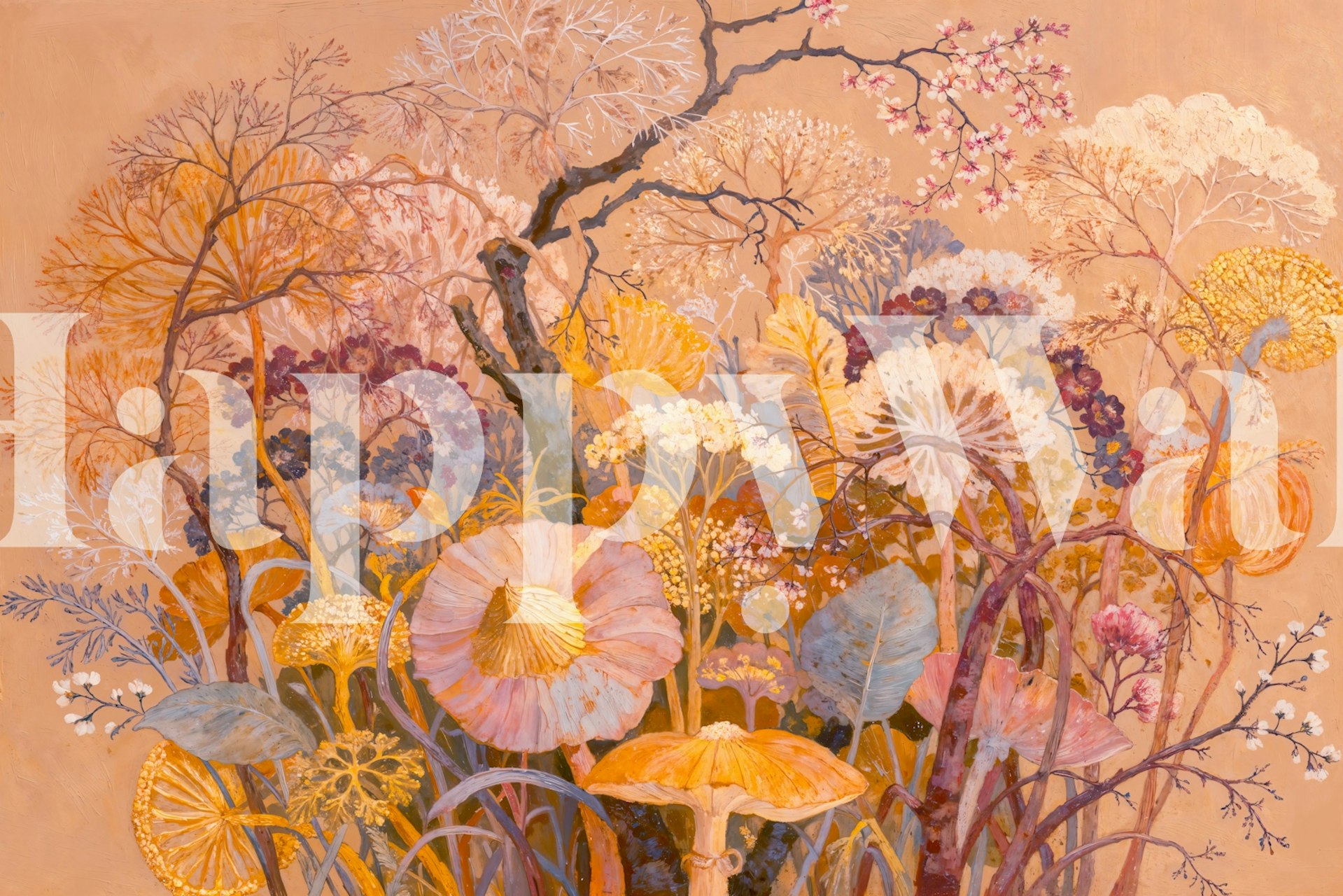 Amber Meadow Blooms floral wallpaper in a room