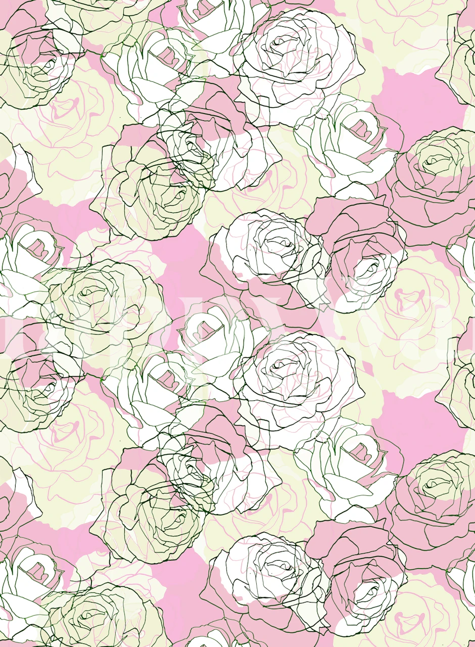 Line art pastel roses in pink and cream on a floral wallpaper
