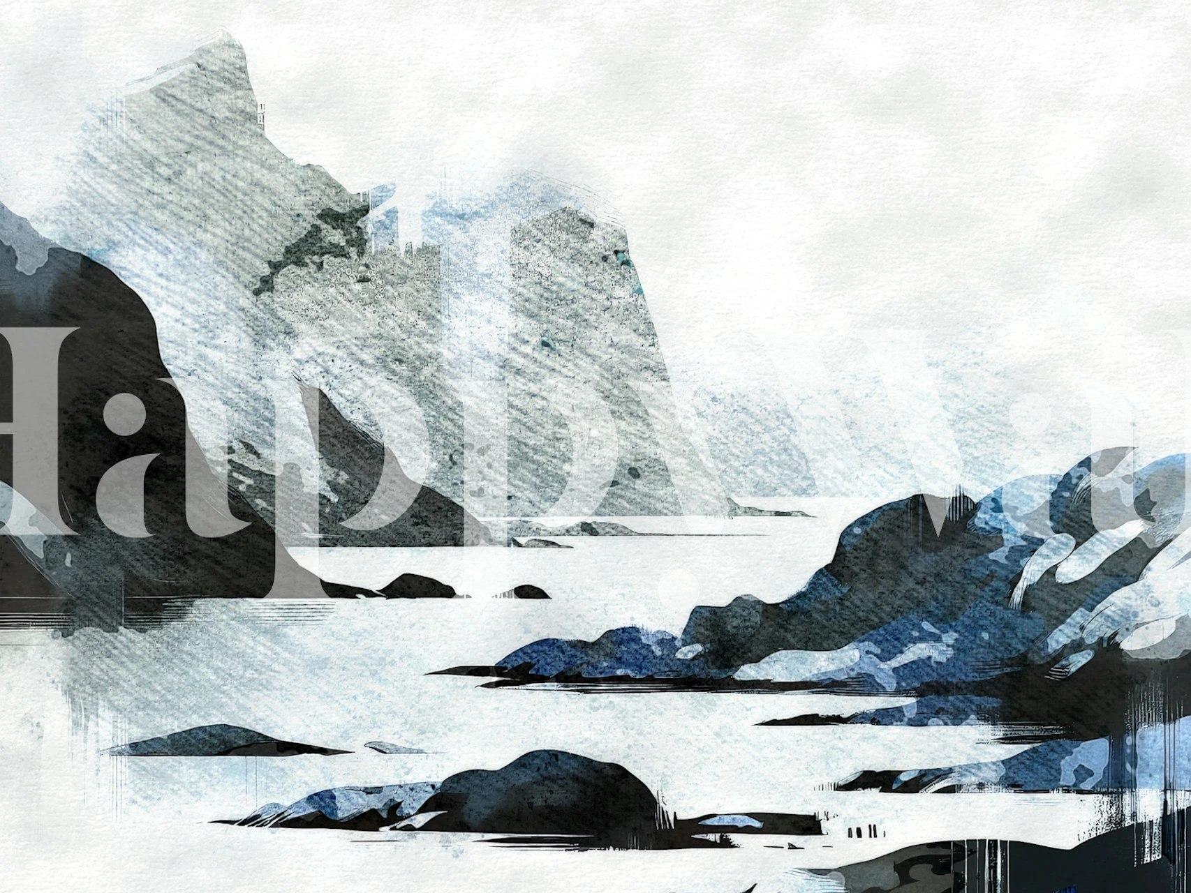 Watercolor Arctic landscape scene with blue and gray hues wallpaper