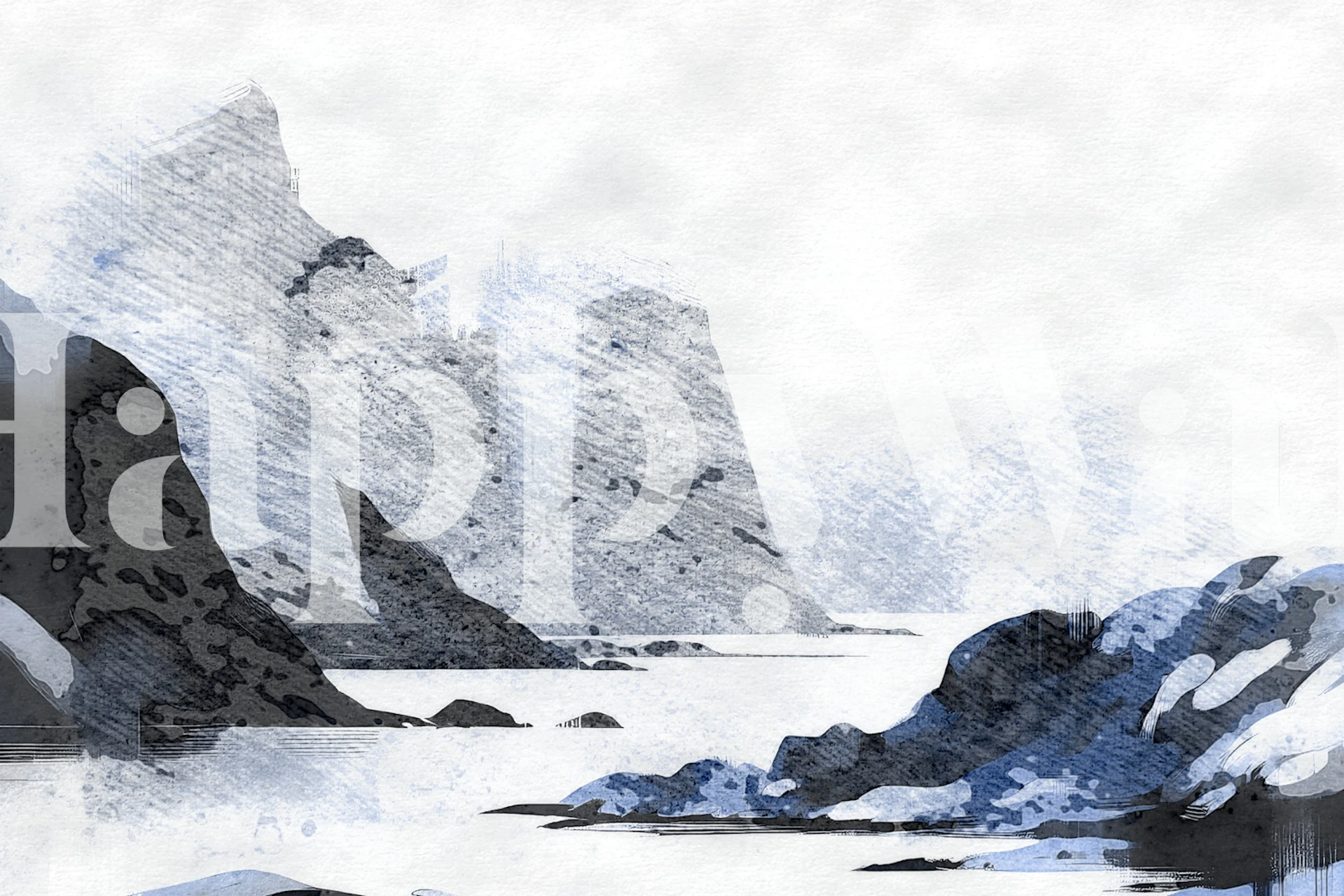 Mountain landscape in monochrome shades of gray and blue wallpaper