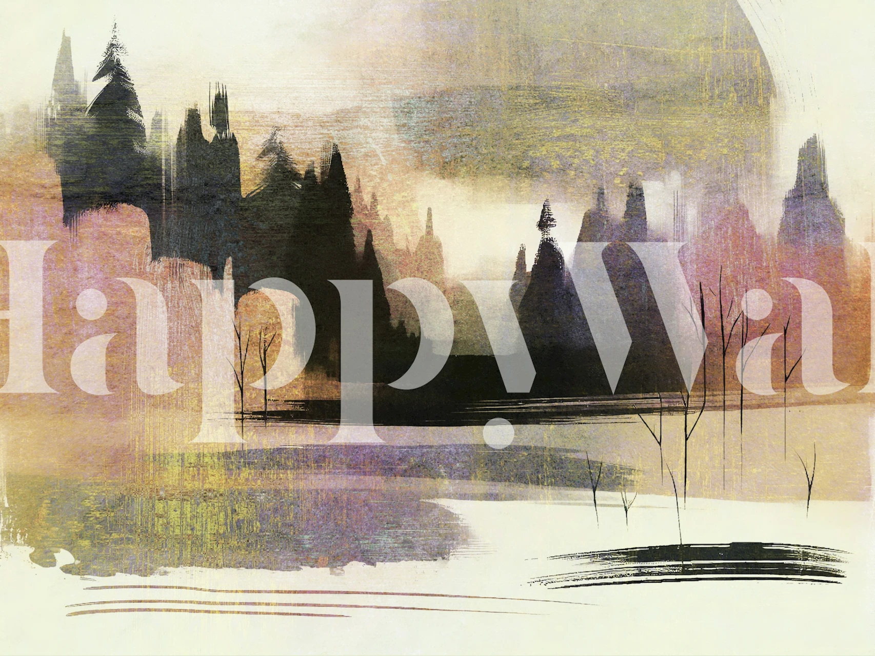 Abstract forest landscape in soft hues of purple, orange, and black wallpaper