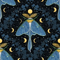 Luna moth, moon phases and ivy damask pattern wallpaper