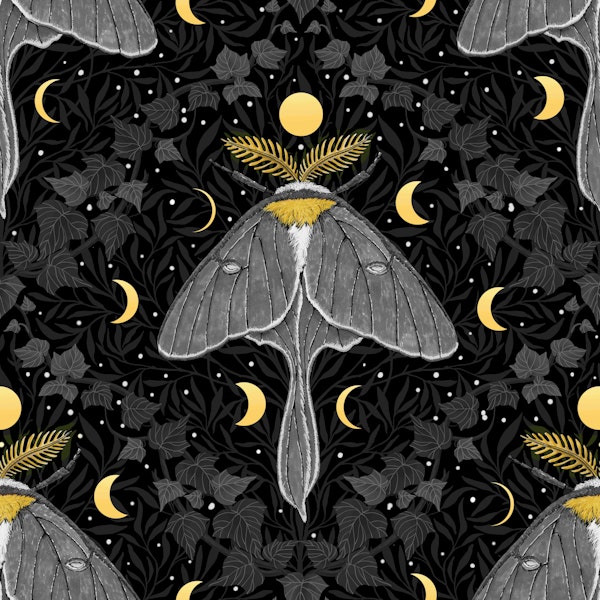 Luna moth, moon phases and ivy damask
