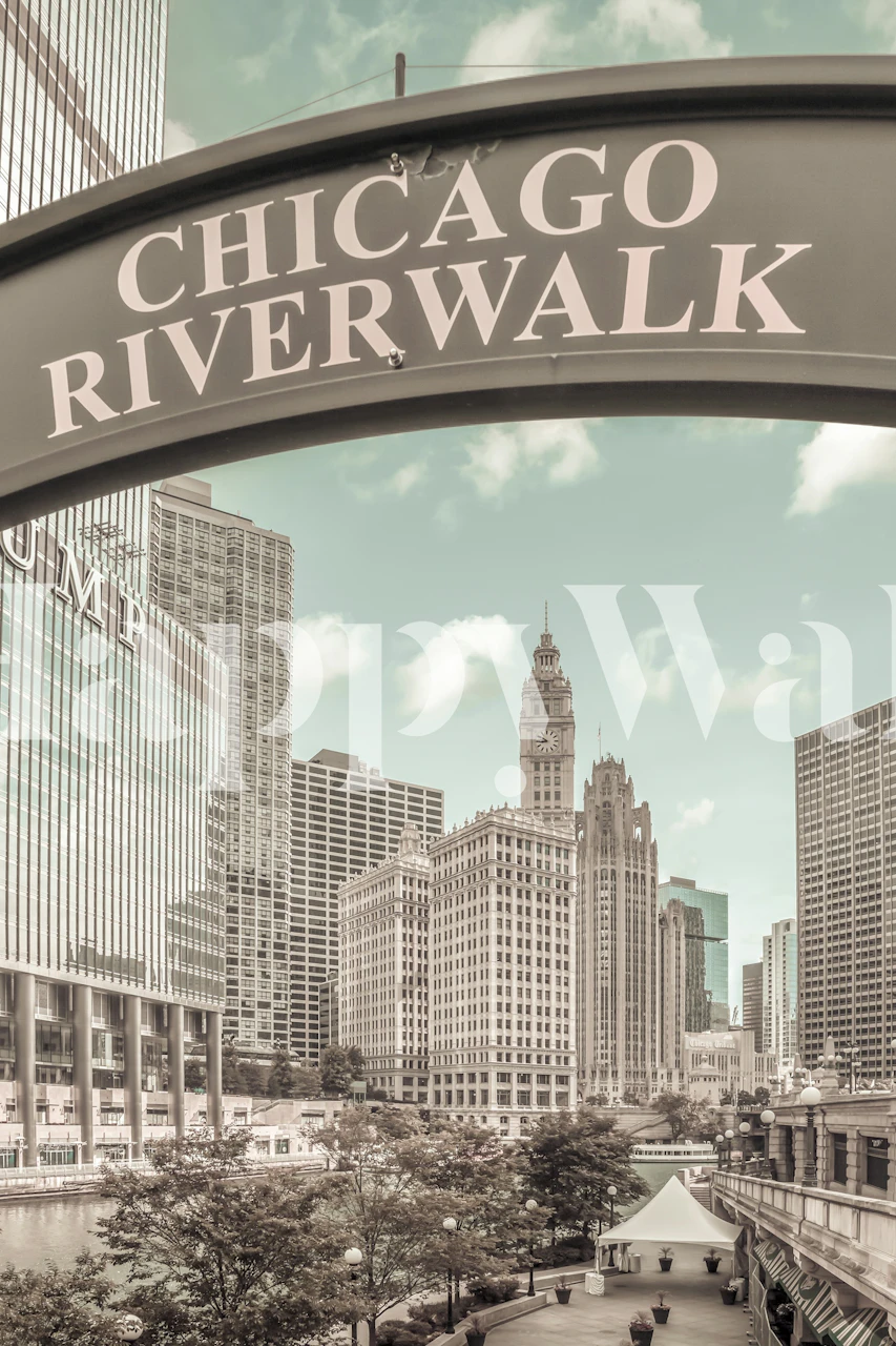 Urban vintage Chicago Riverwalk scene wallpaper in soft tones