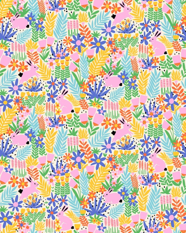 Rabbits Playing in Flower Garden - Bright