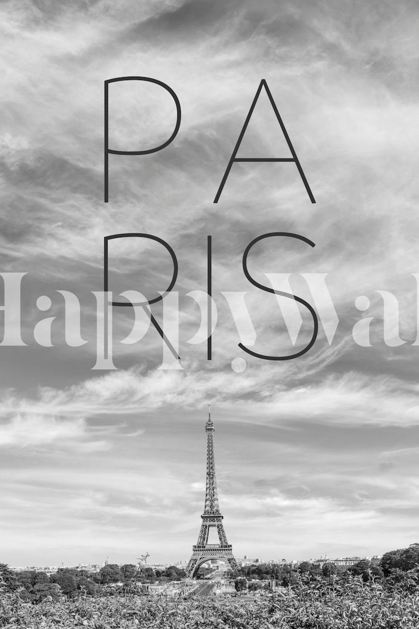 Eiffel Tower silhouette against cloudy sky in black and white wallpaper