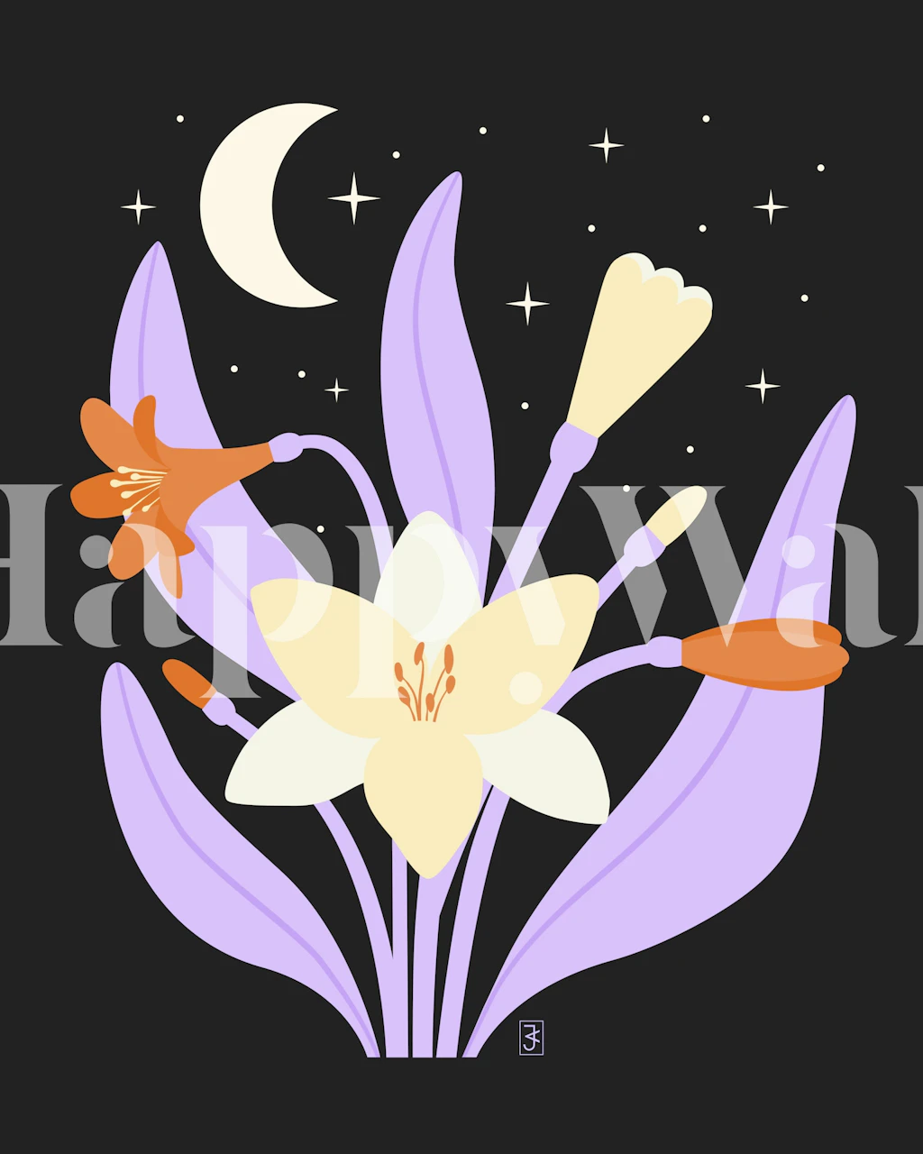 Moonlight Clivia Lily wallpaper featuring white and orange flowers on a black background