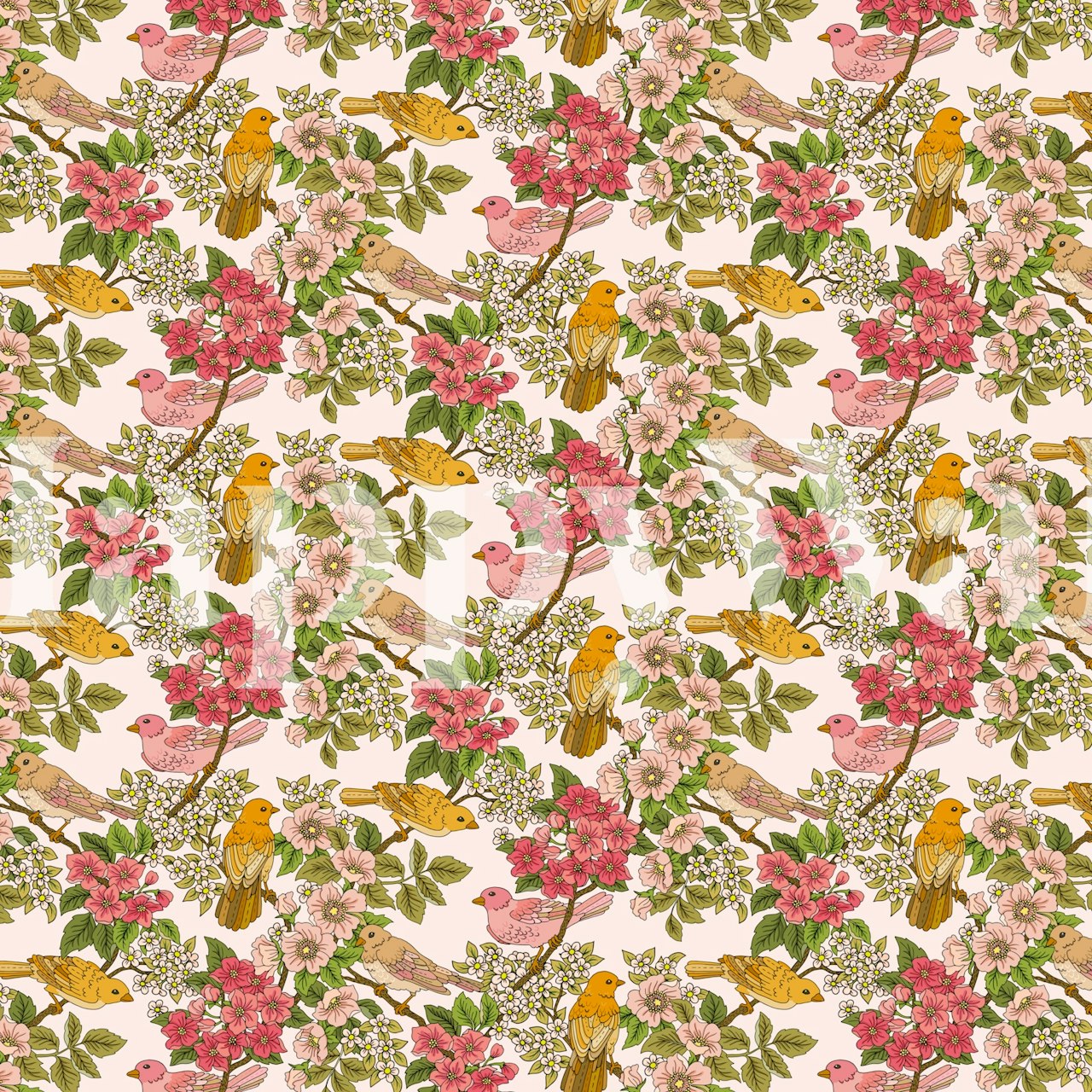 Romantic floral wallpaper with birds