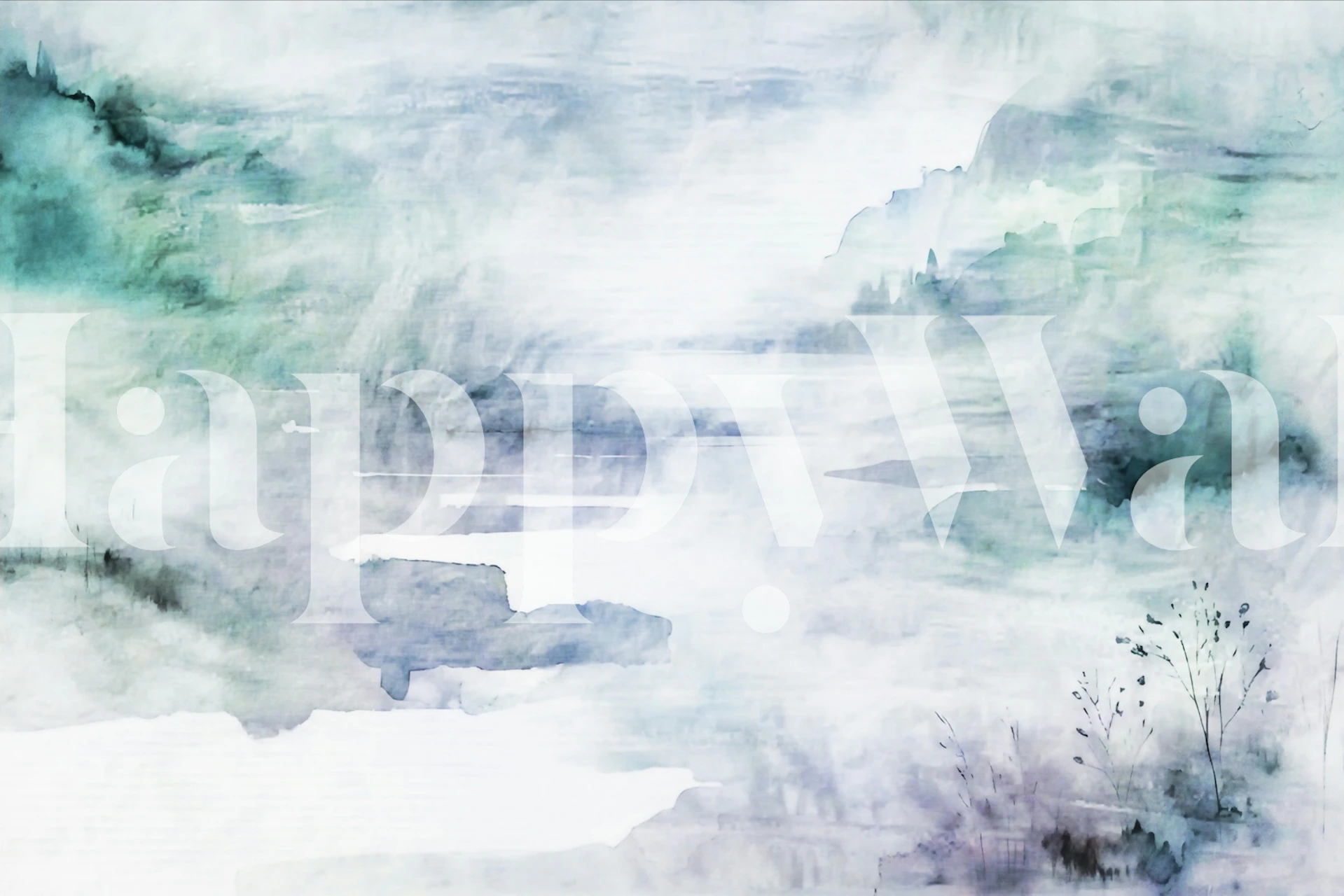 Soft blue and gray misty landscape watercolor wallpaper