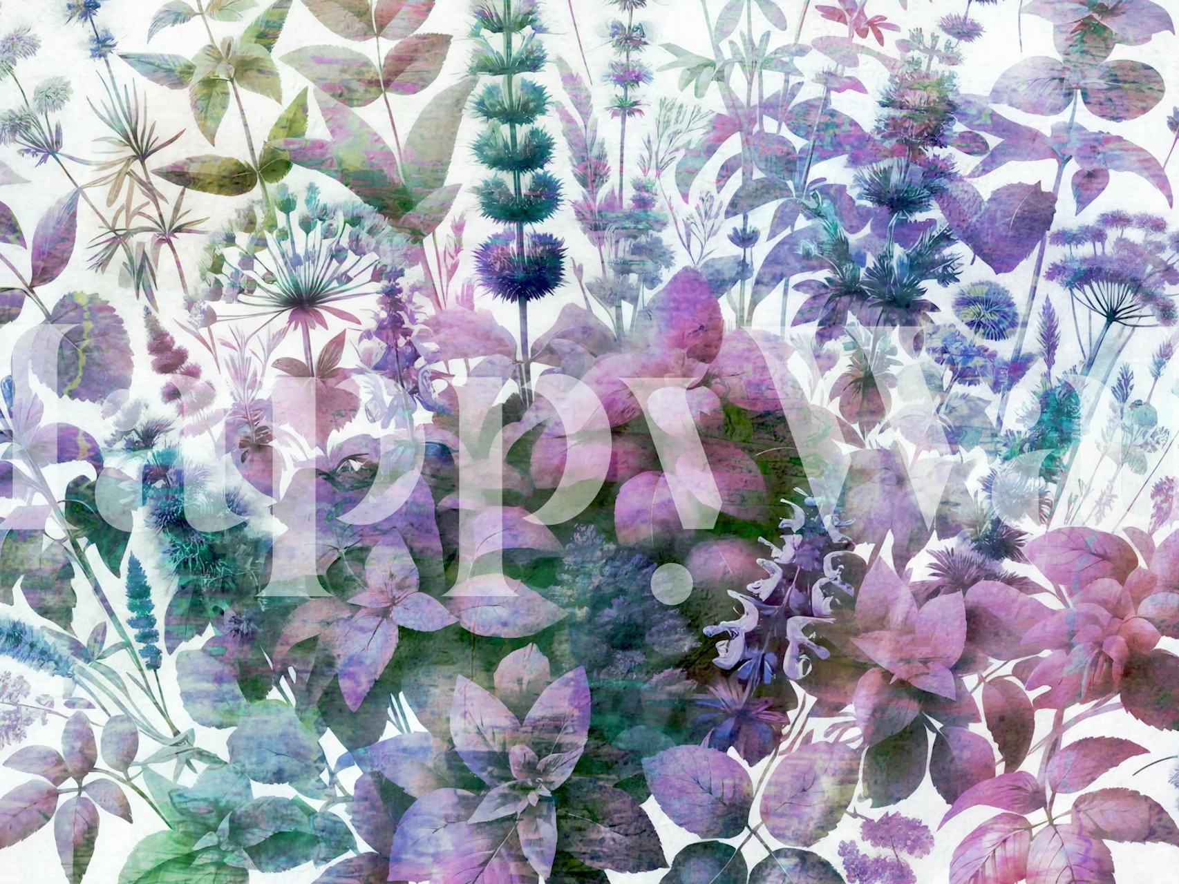 Colorful herb patterns in purple and green hues wallpaper