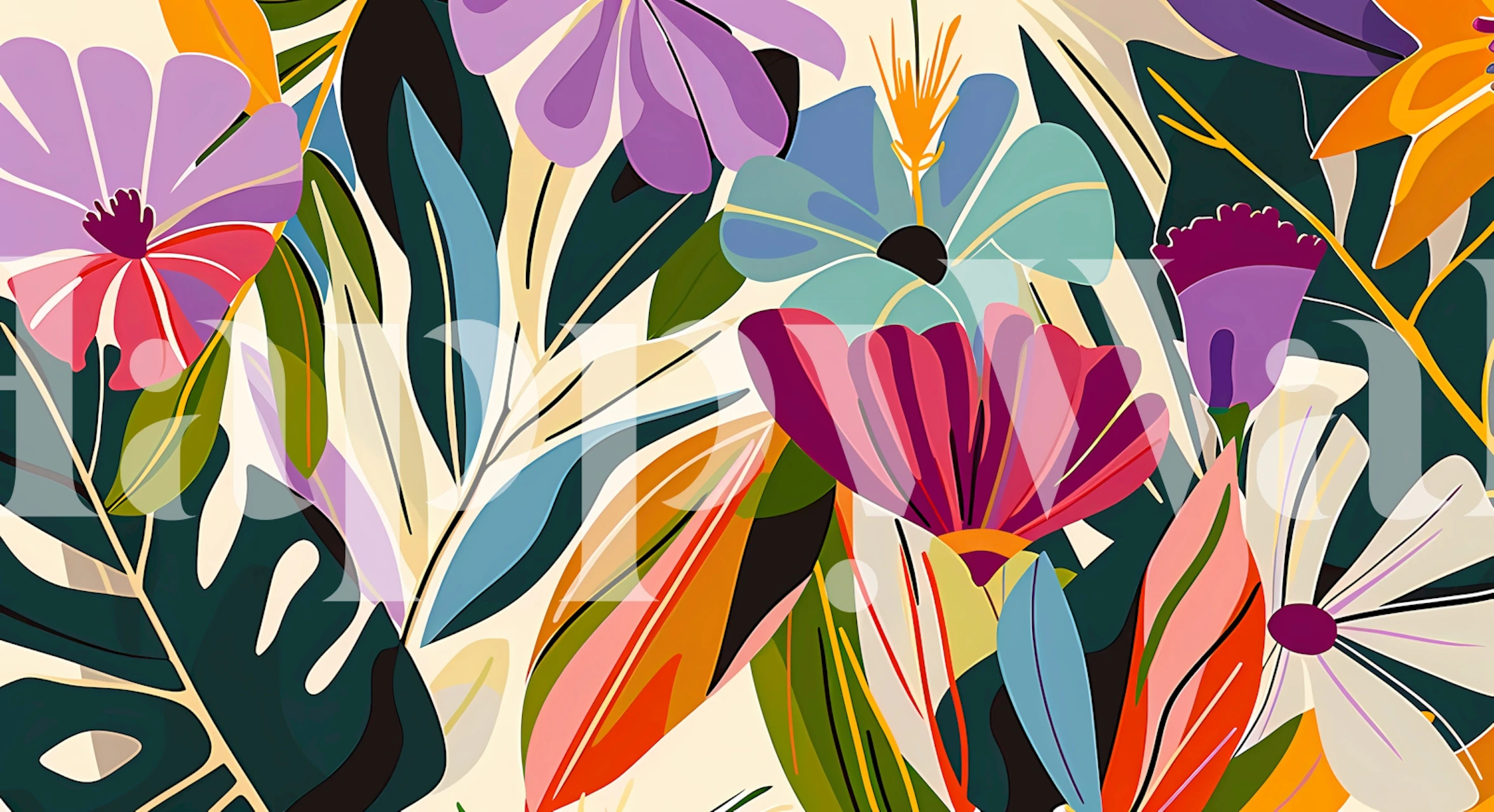 Colorful tropical flowers and leaves on cream wallpaper