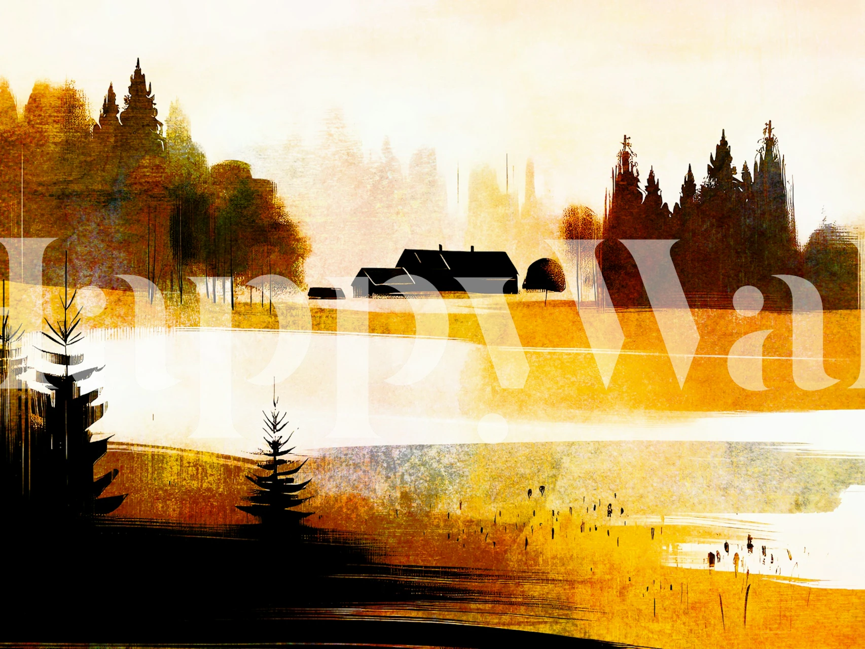 Rustic countryside landscape with trees and a house wallpaper