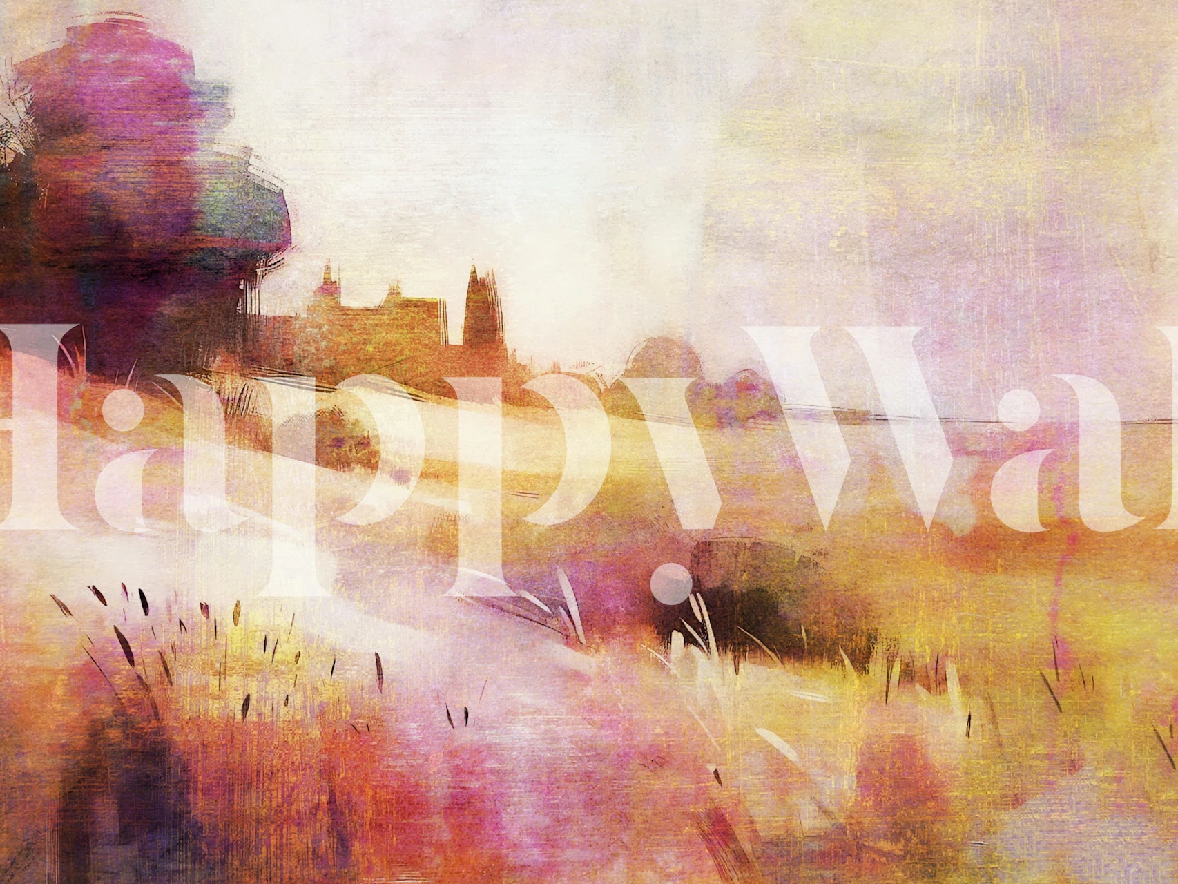 Rustic landscape with a sunset over hills, warm colors, artistic style wallpaper