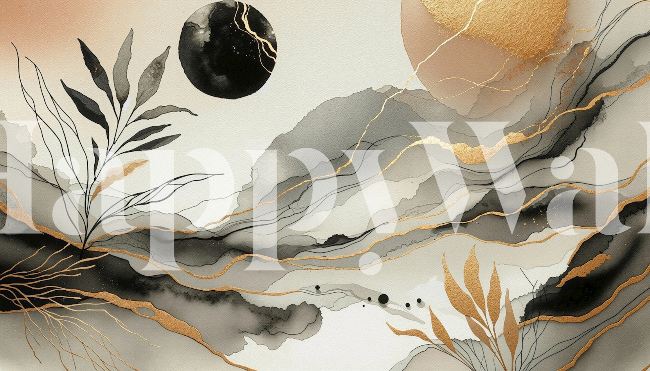 Abstract botanical wallpaper in black and gold with organic shapes