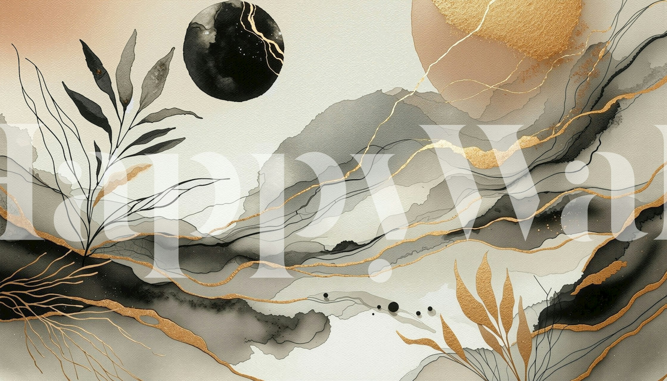Abstract botanical wallpaper in black and gold with organic shapes