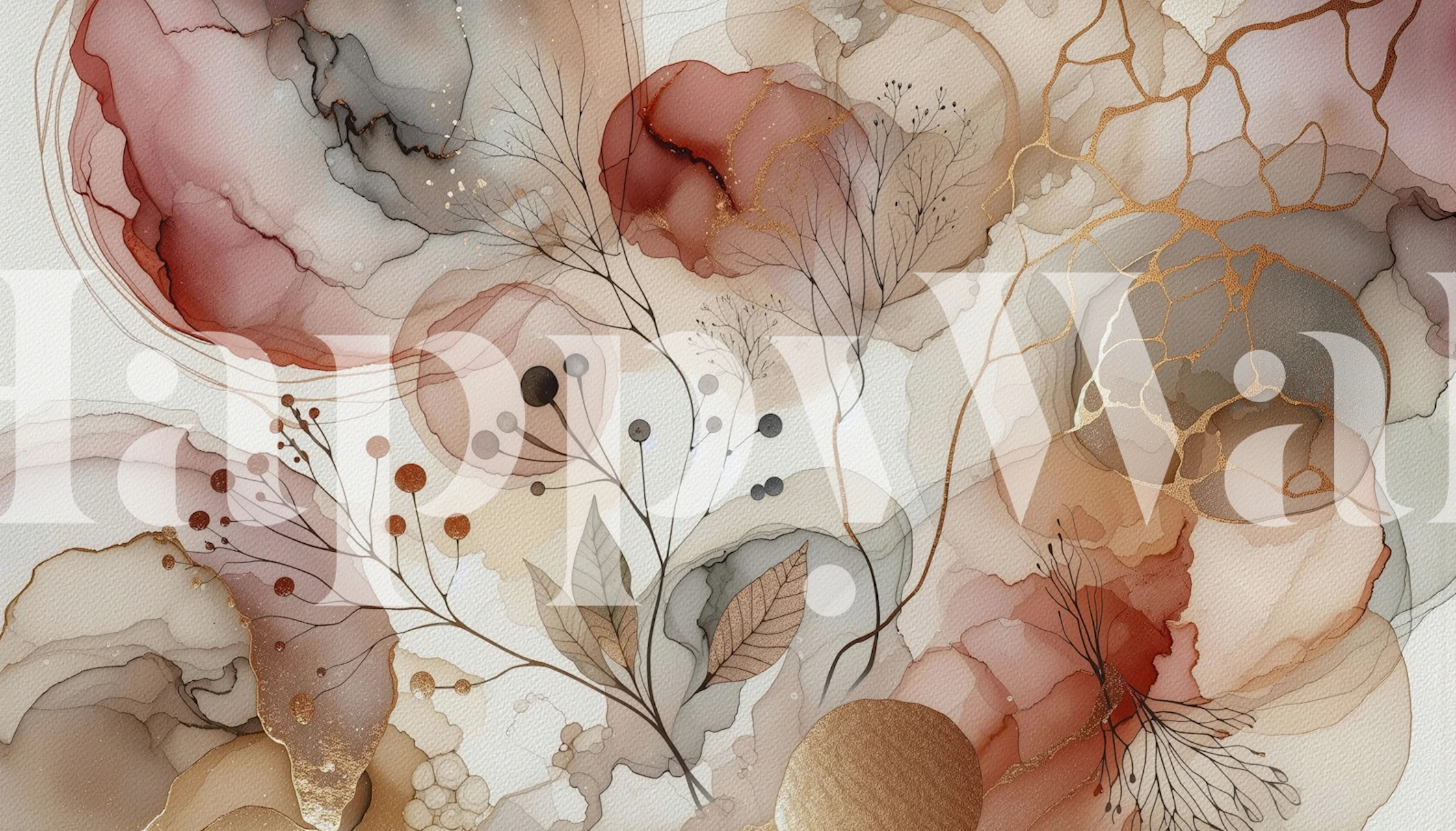 Watercolor floral design with soft reds, pinks, and gold accents wallpaper