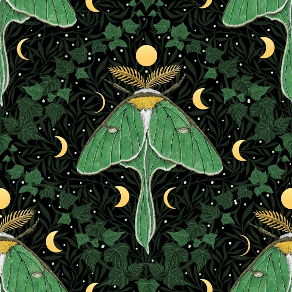 Luna moth, moon phases and ivy damask 2