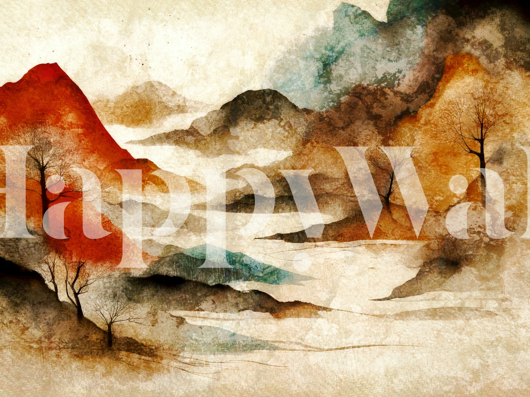 Watercolor mountains in earthy hues of red, brown, and blue wallpaper