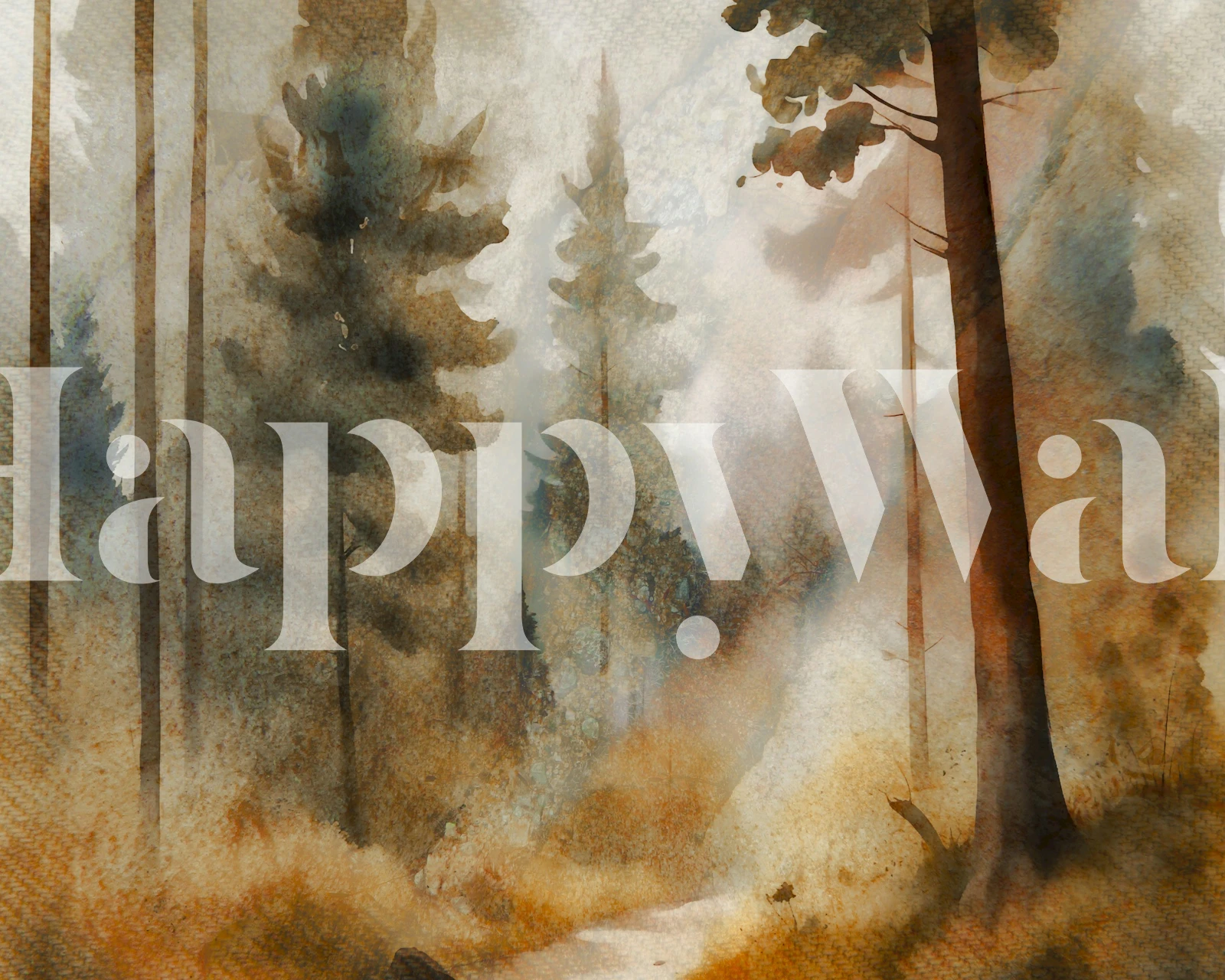 Carta da parati Misty Forest Scene mostrata in una stanza