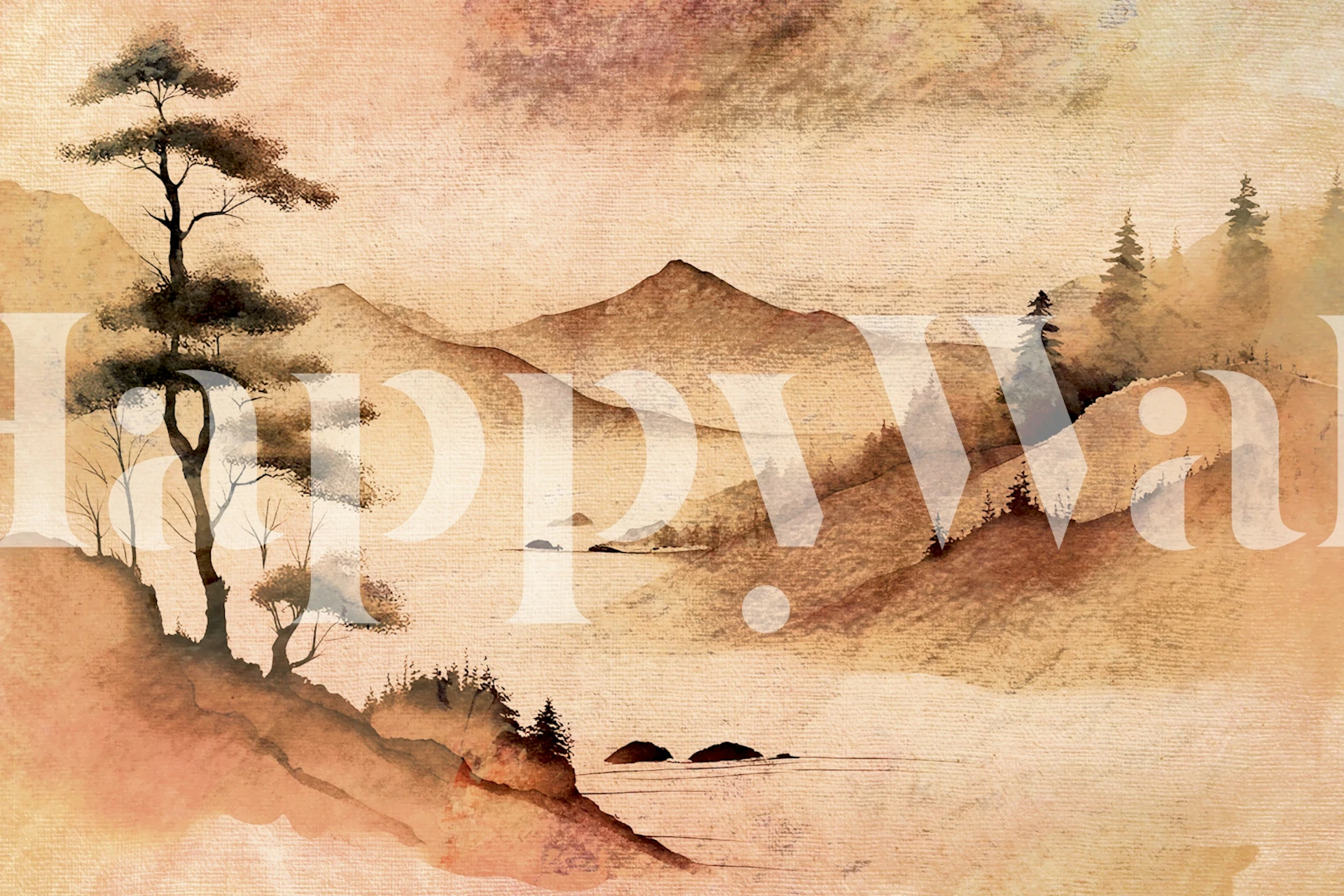 Peaceful mountain scenery with soft earth tones wallpaper