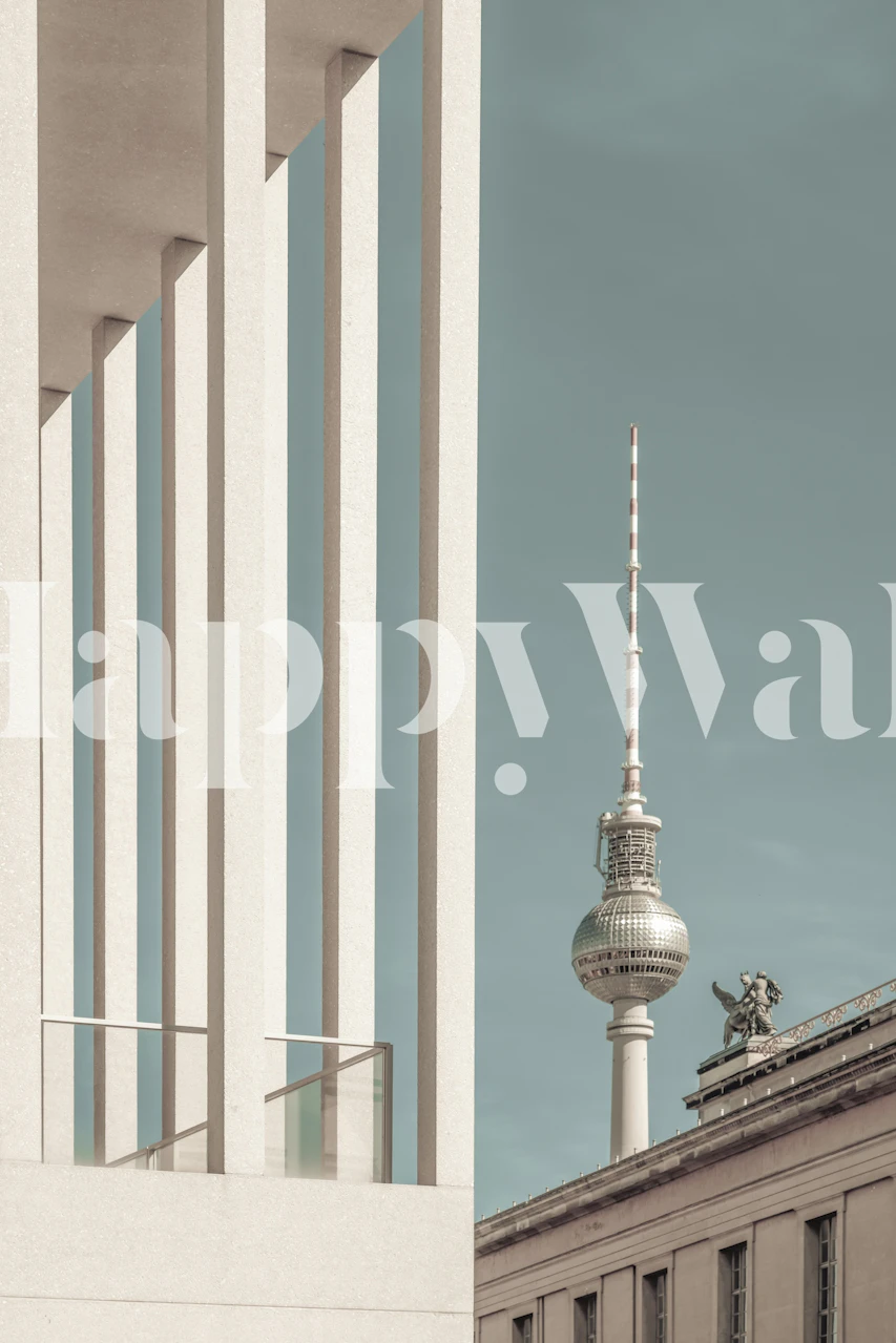 Berlin TV Tower visible between modern structures, urban vintage wallpaper