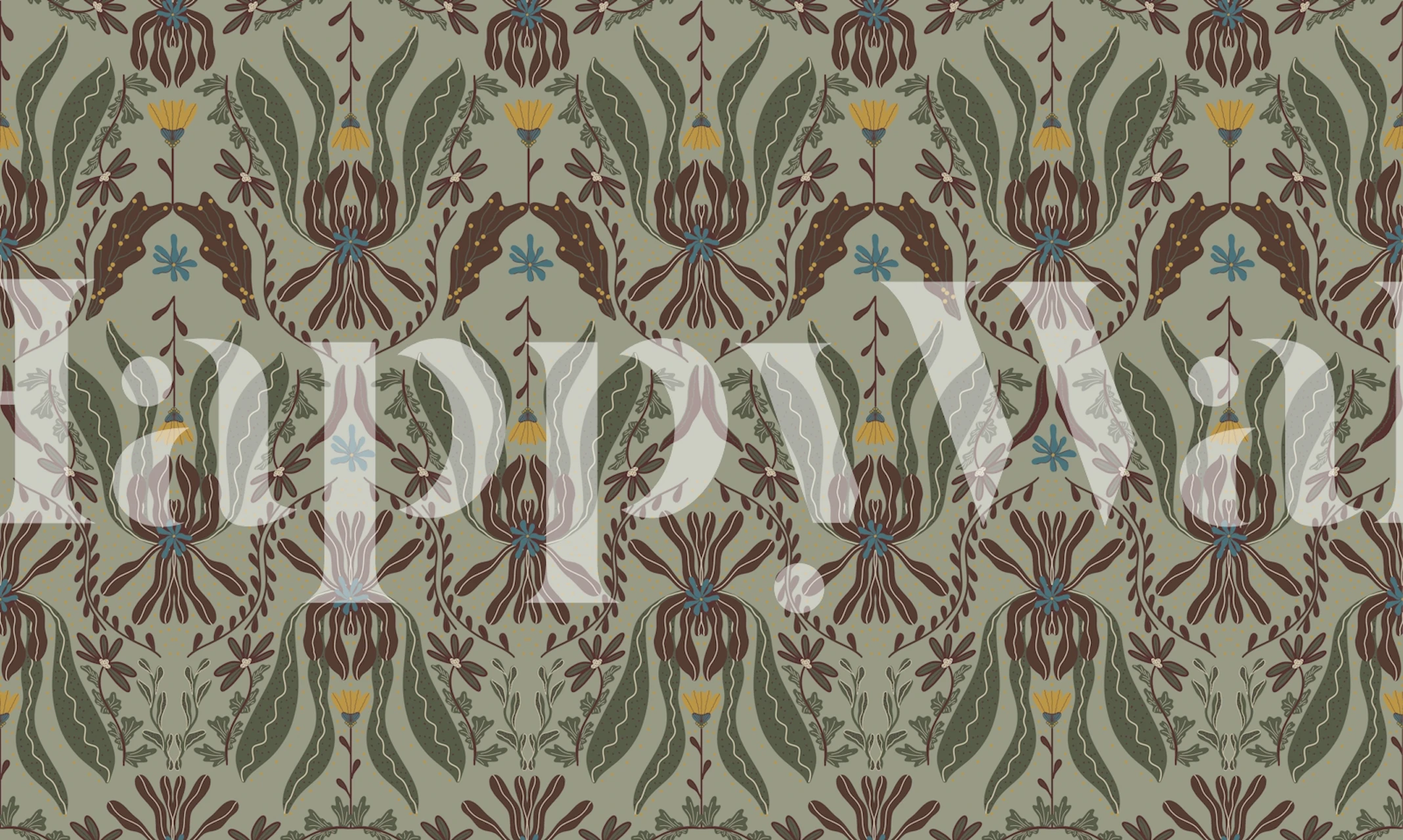 Green floral patterns with yellow flowers and brown accents wallpaper