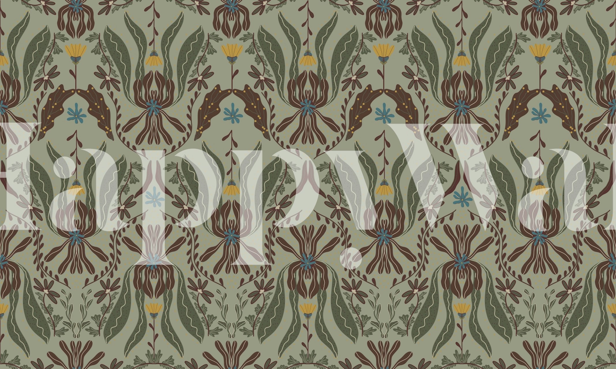 Green floral patterns with yellow flowers and brown accents wallpaper