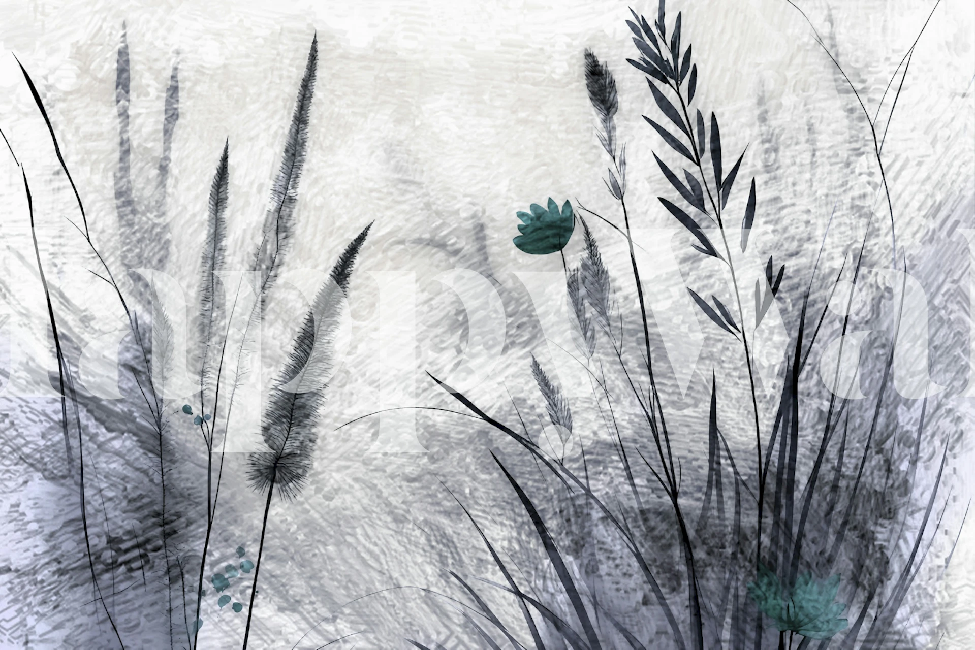 Black and white floral wallpaper with delicate grasses and leaves