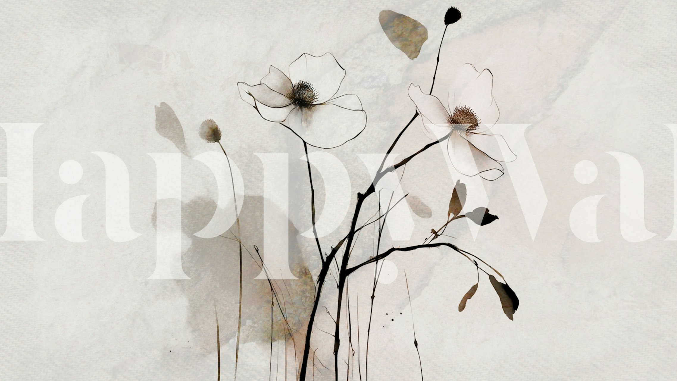 Minimal floral design with black outlines and beige accents wallpaper