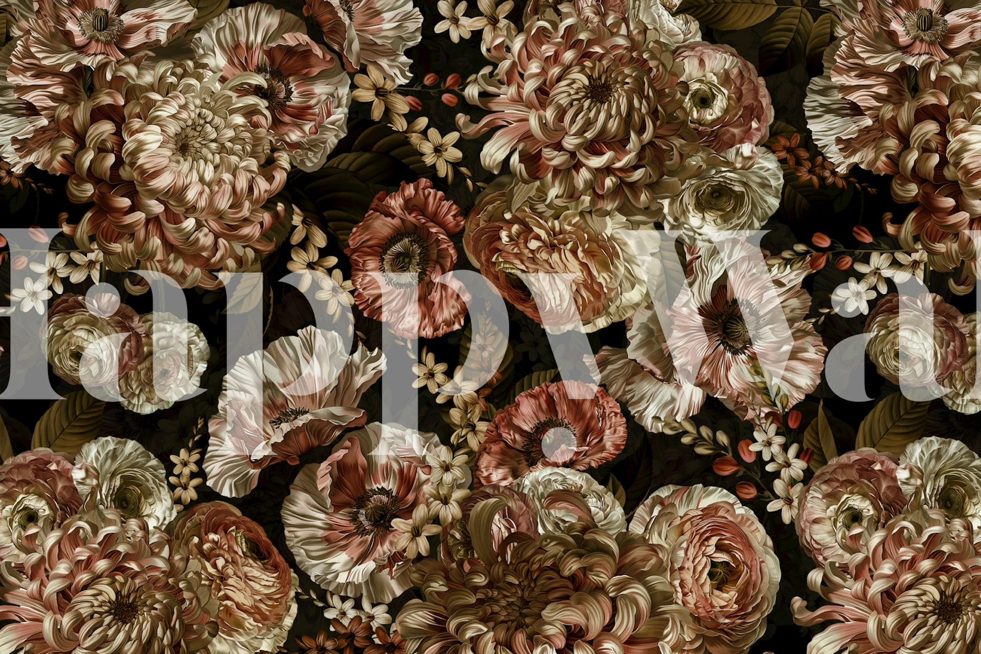 Beautiful floral pattern with peonies in muted colors wallpaper