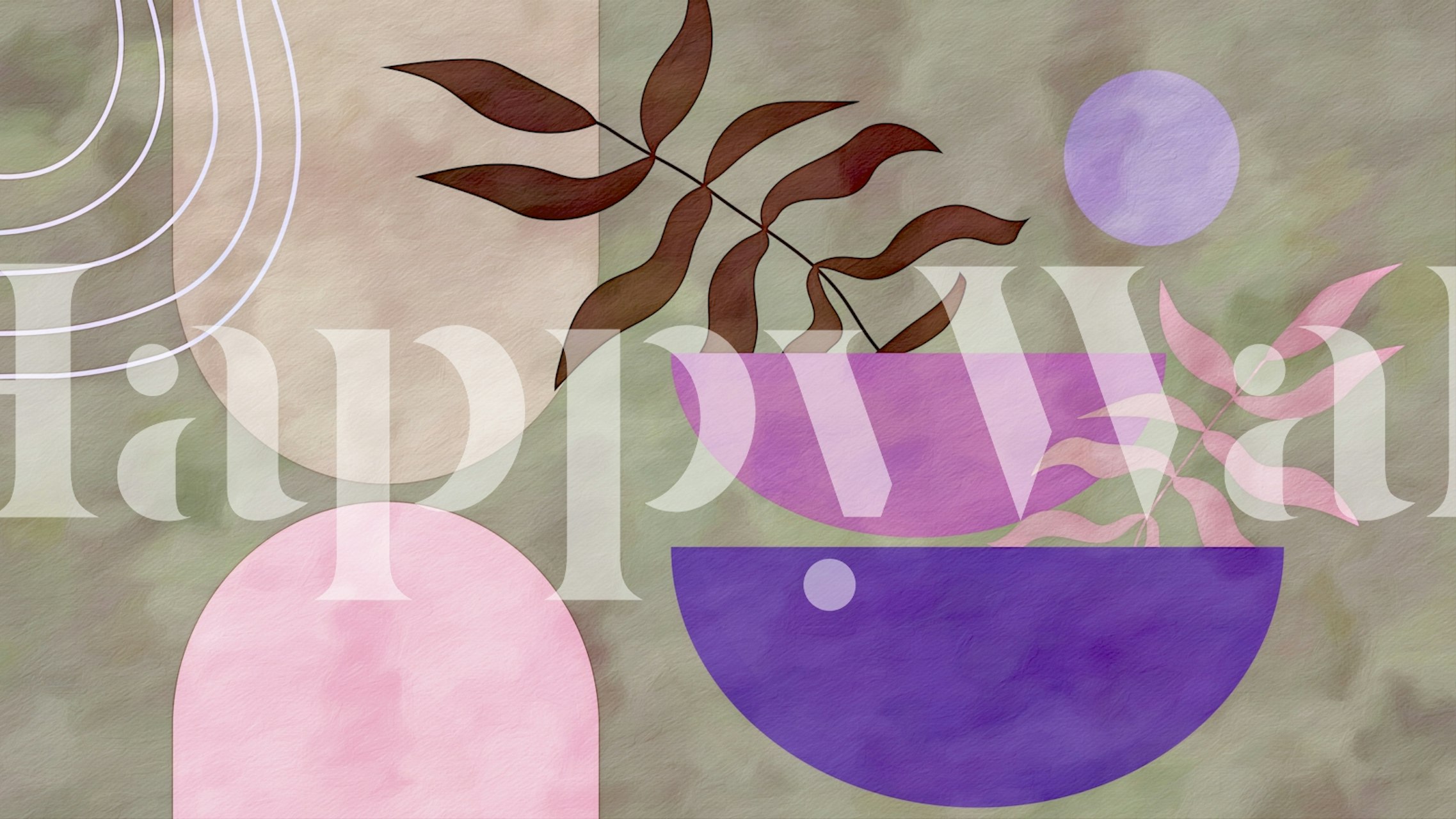 Abstract shapes and leafy designs in purples, pinks, and greens wallpaper