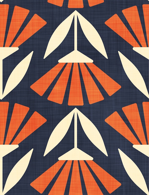 Retro Floral Art Deco Orange Dark Navy Blue