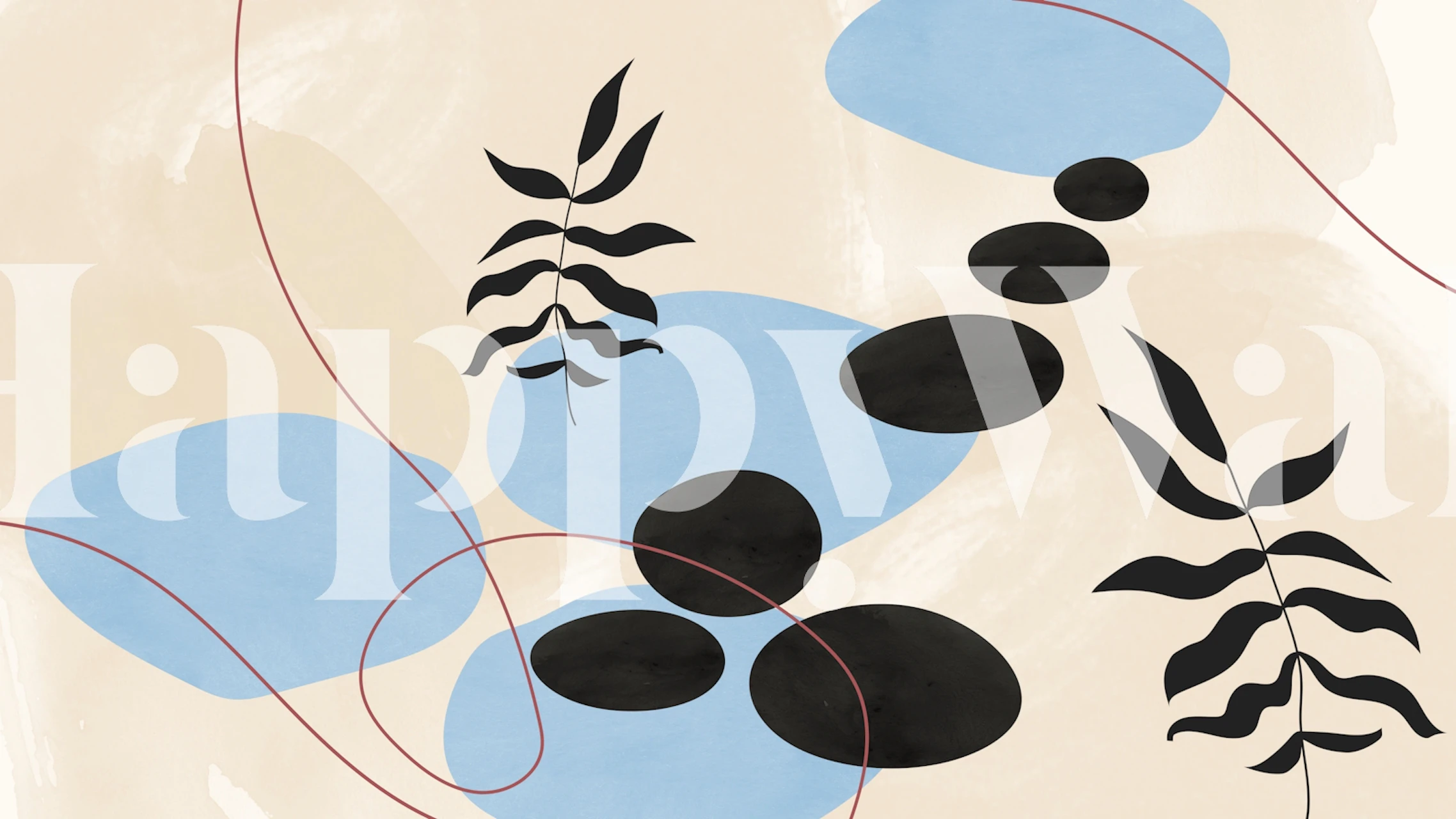 Abstract leaves and blue shapes on a soft beige background wallpaper