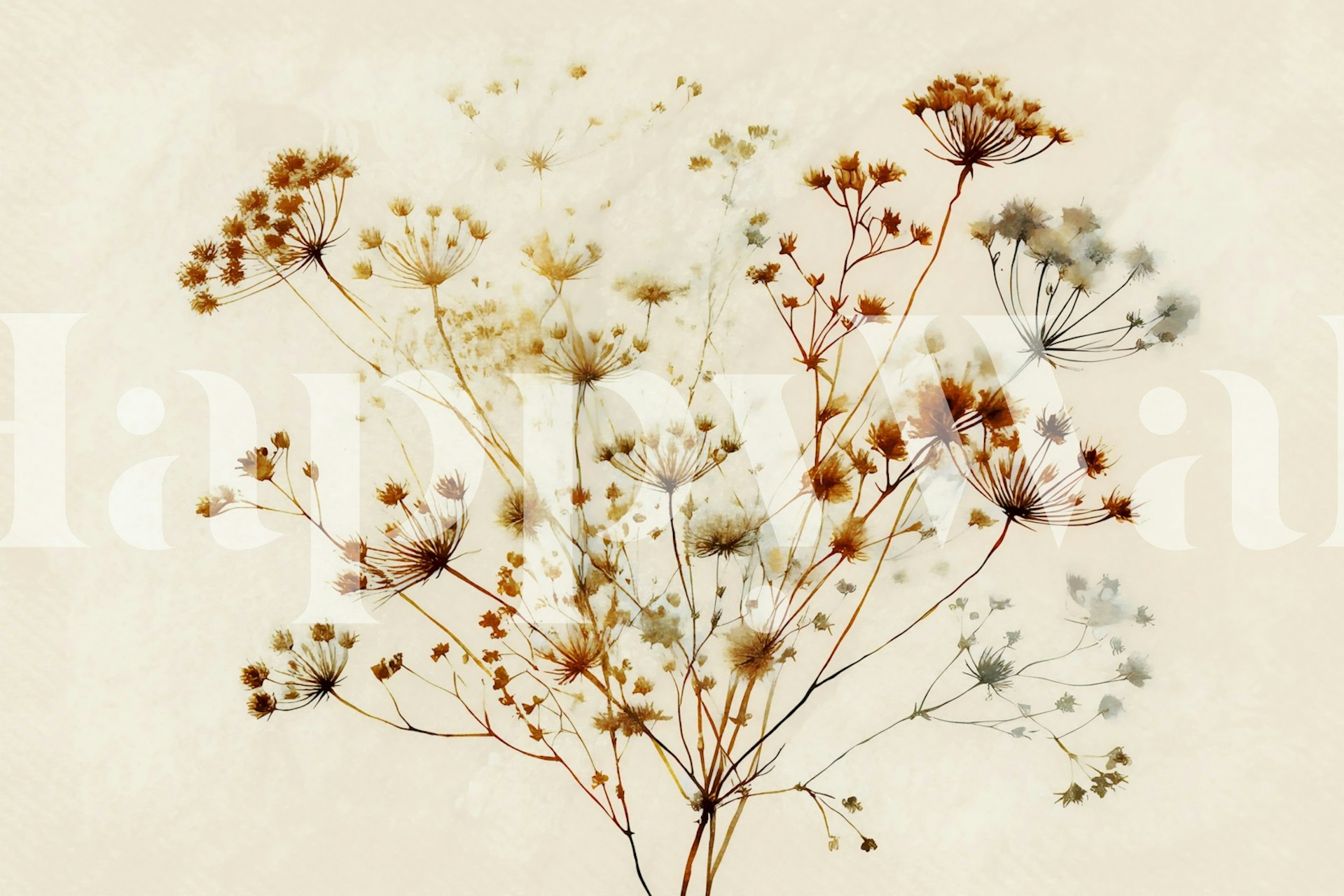 Delicate beige botanical floral wallpaper with soft tones and muted flowers