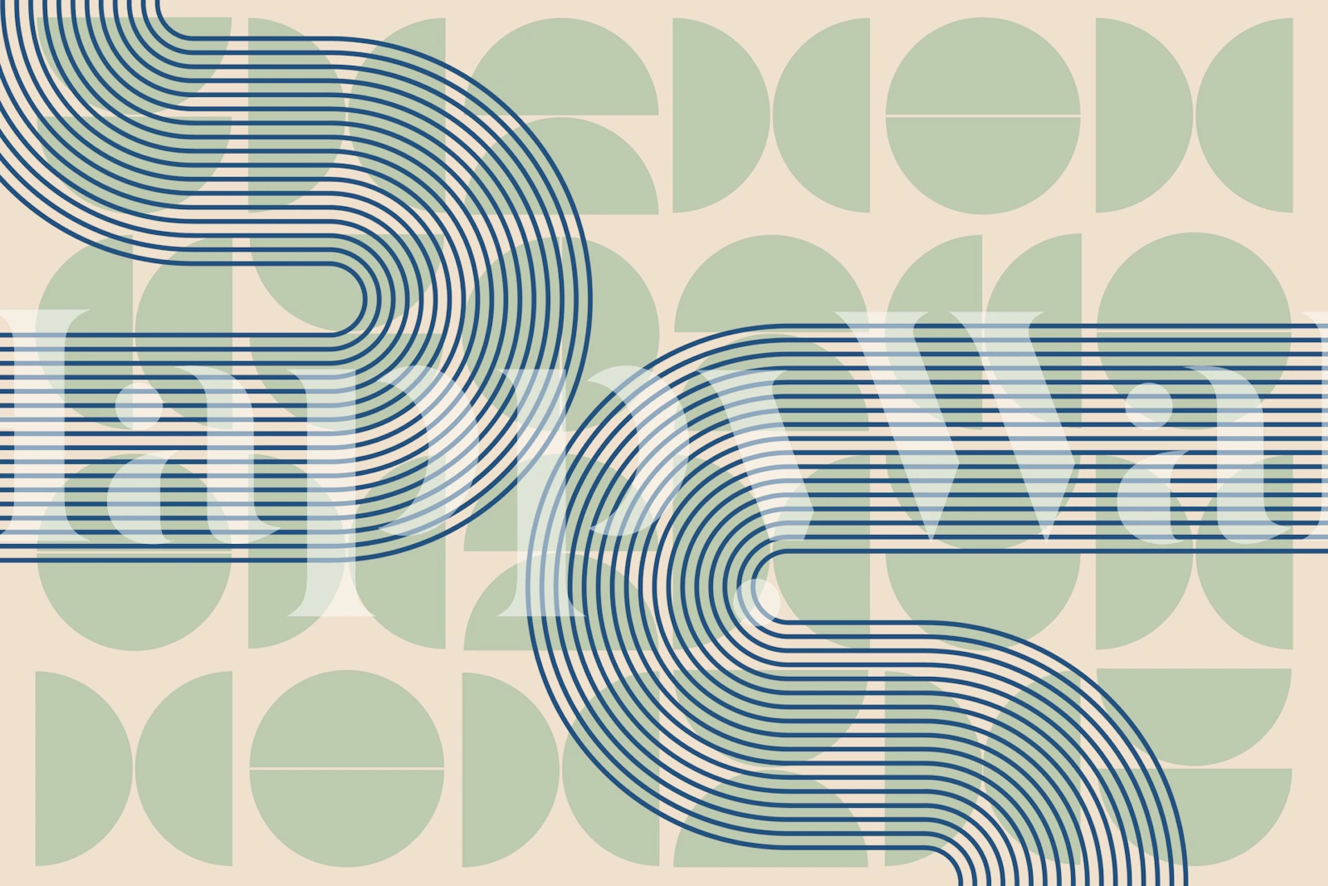 Abstract geometric wall mural with blue lines and circular shapes in light green