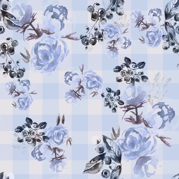 Flowers and Blueberries Blue Gingham