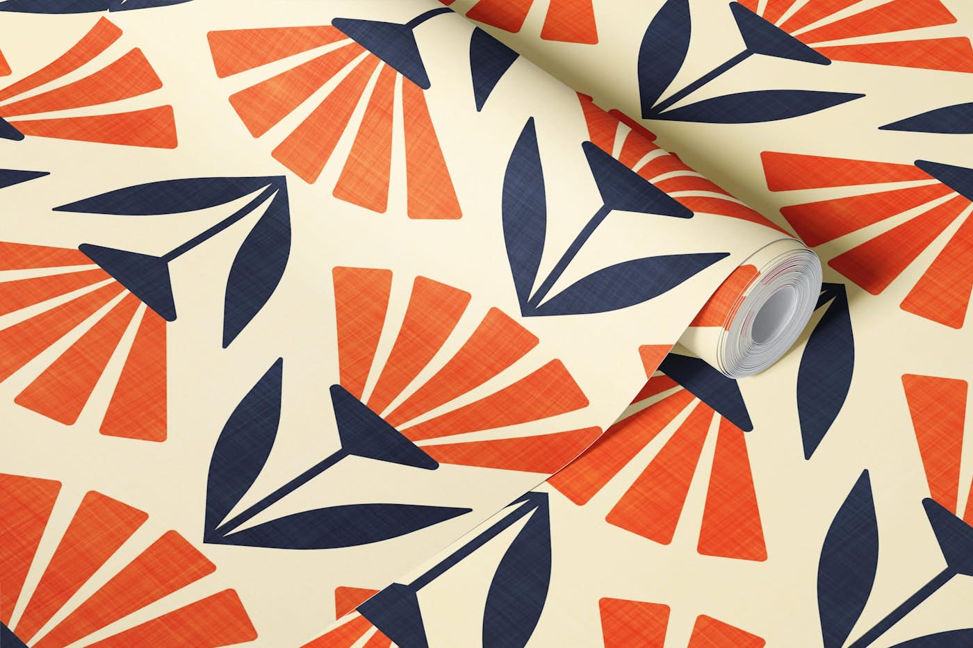 Geometric Retro Floral in Cream Orange Navy wallpaper roll