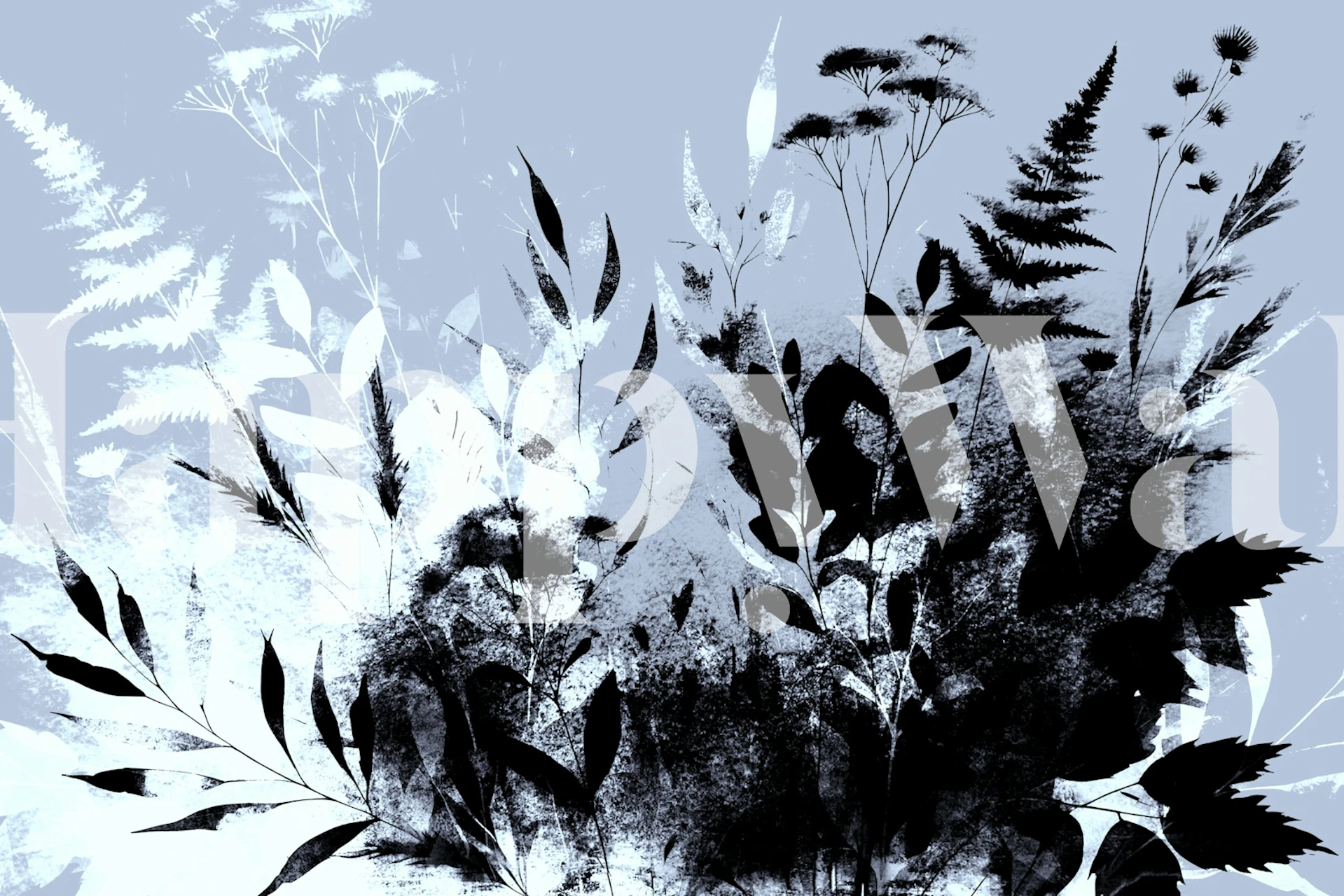 Monochrome botanical wallpaper featuring black leaves and floral motifs on a light blue background.