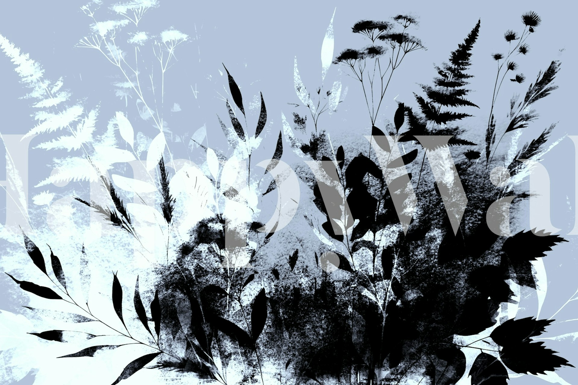 Monochrome botanical wallpaper featuring black leaves and floral motifs on a light blue background.