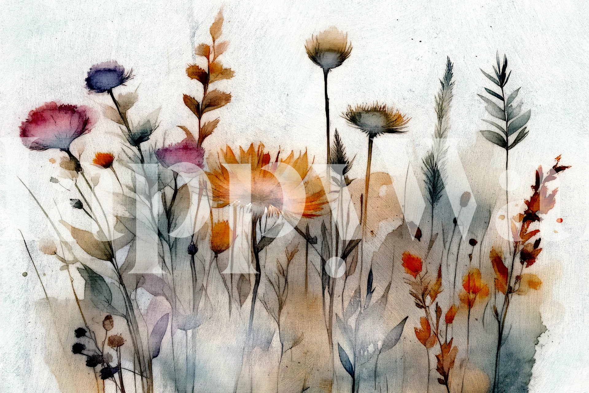 Watercolor floral wallpaper with orange, purple, and green flowers