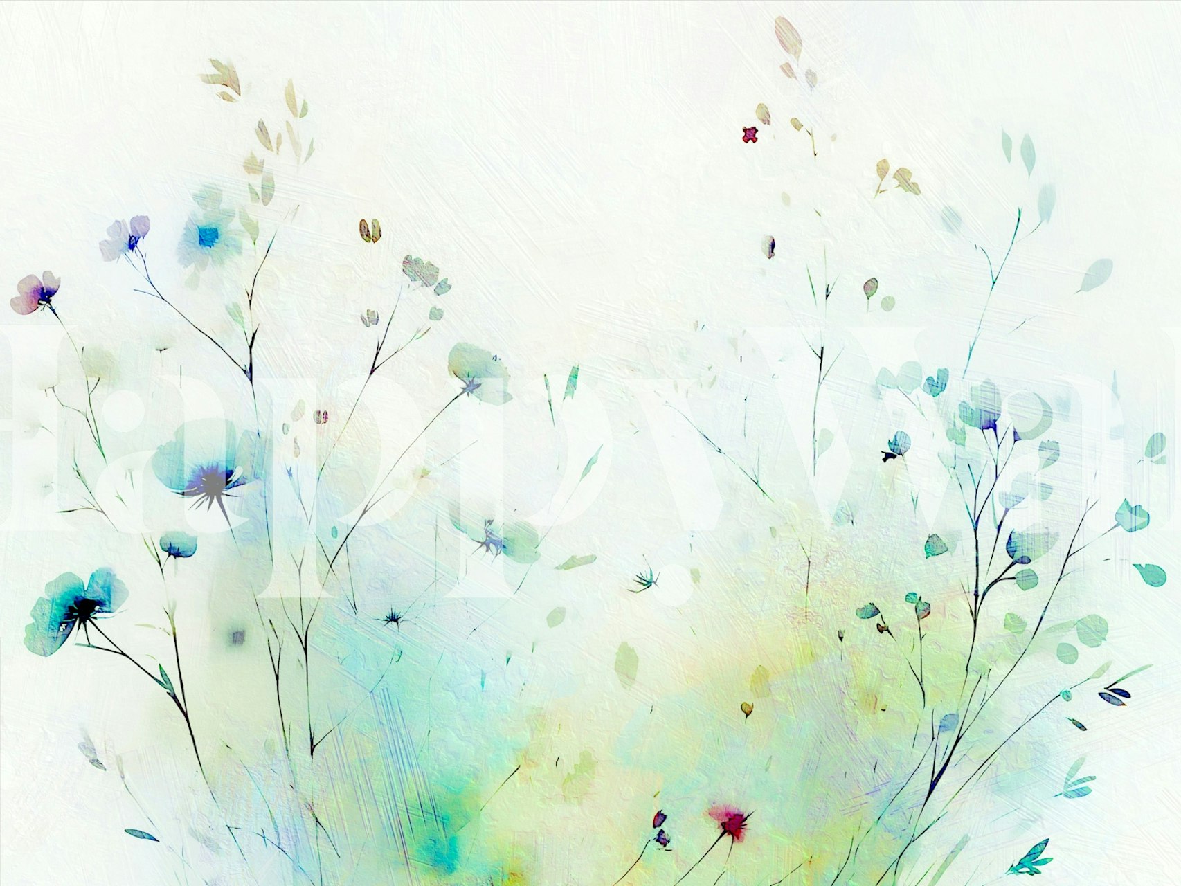 Delicate pastel wildflowers in soft shades on a white wallpaper