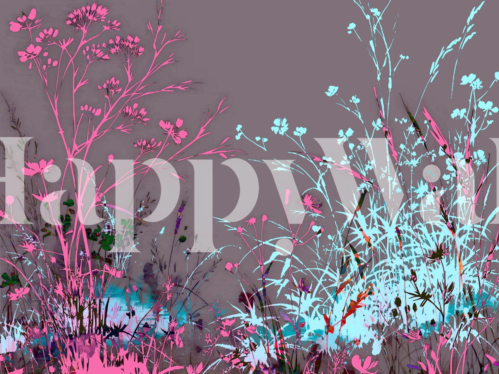 Wildflowers in vibrant pink and blue colors on a grey background wallpaper
