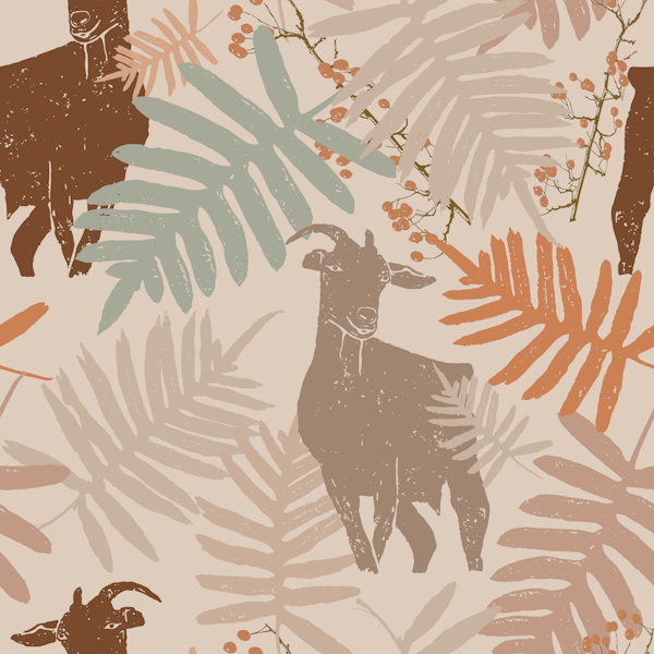 Vintage whimsical goats and foliage