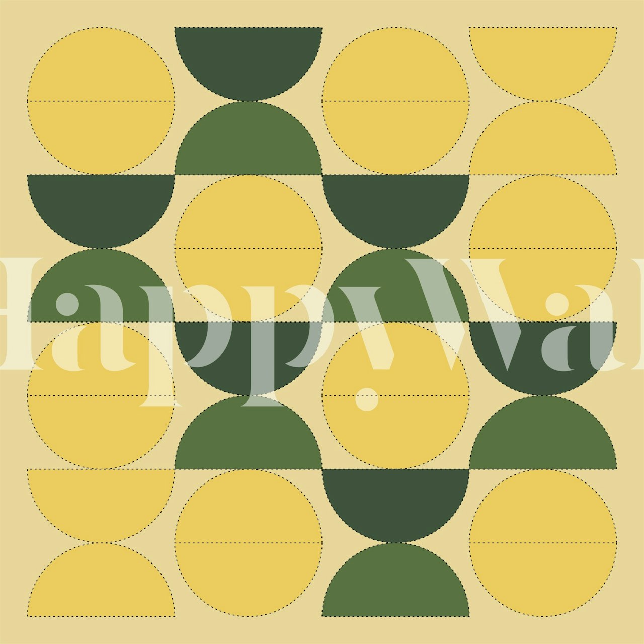 Mustard and olive shapes wallpaper in a room