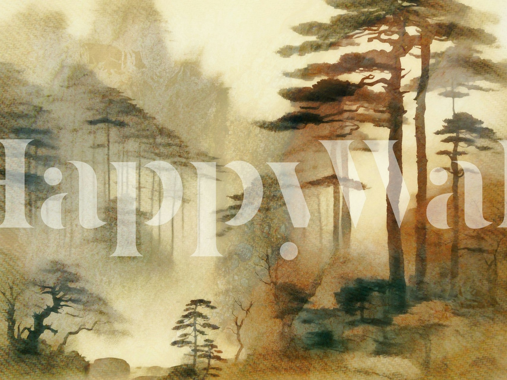 Misty Pine Forest Escape papel de parede em um quarto